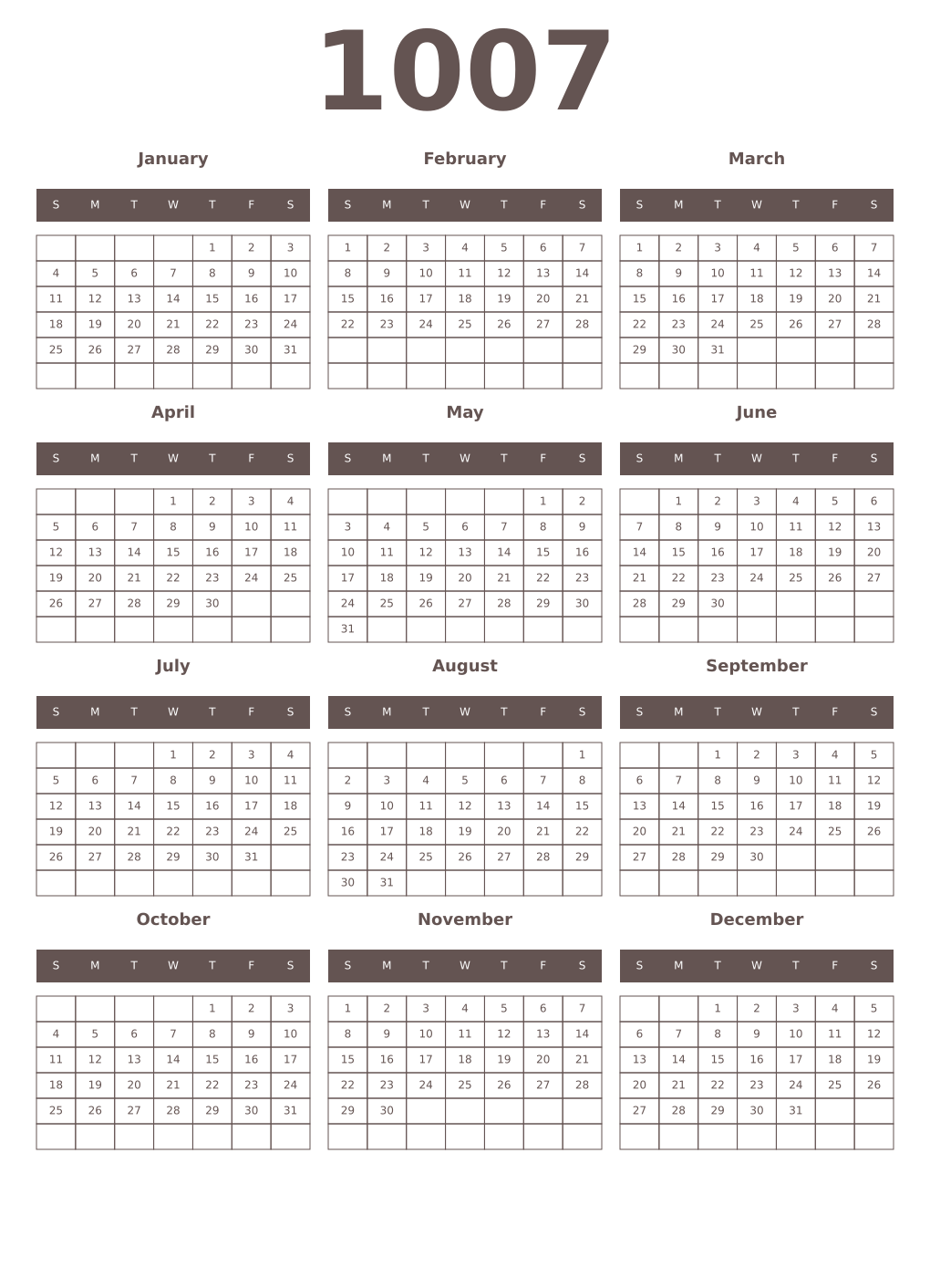 Printable 1007 Year Calendars wenge