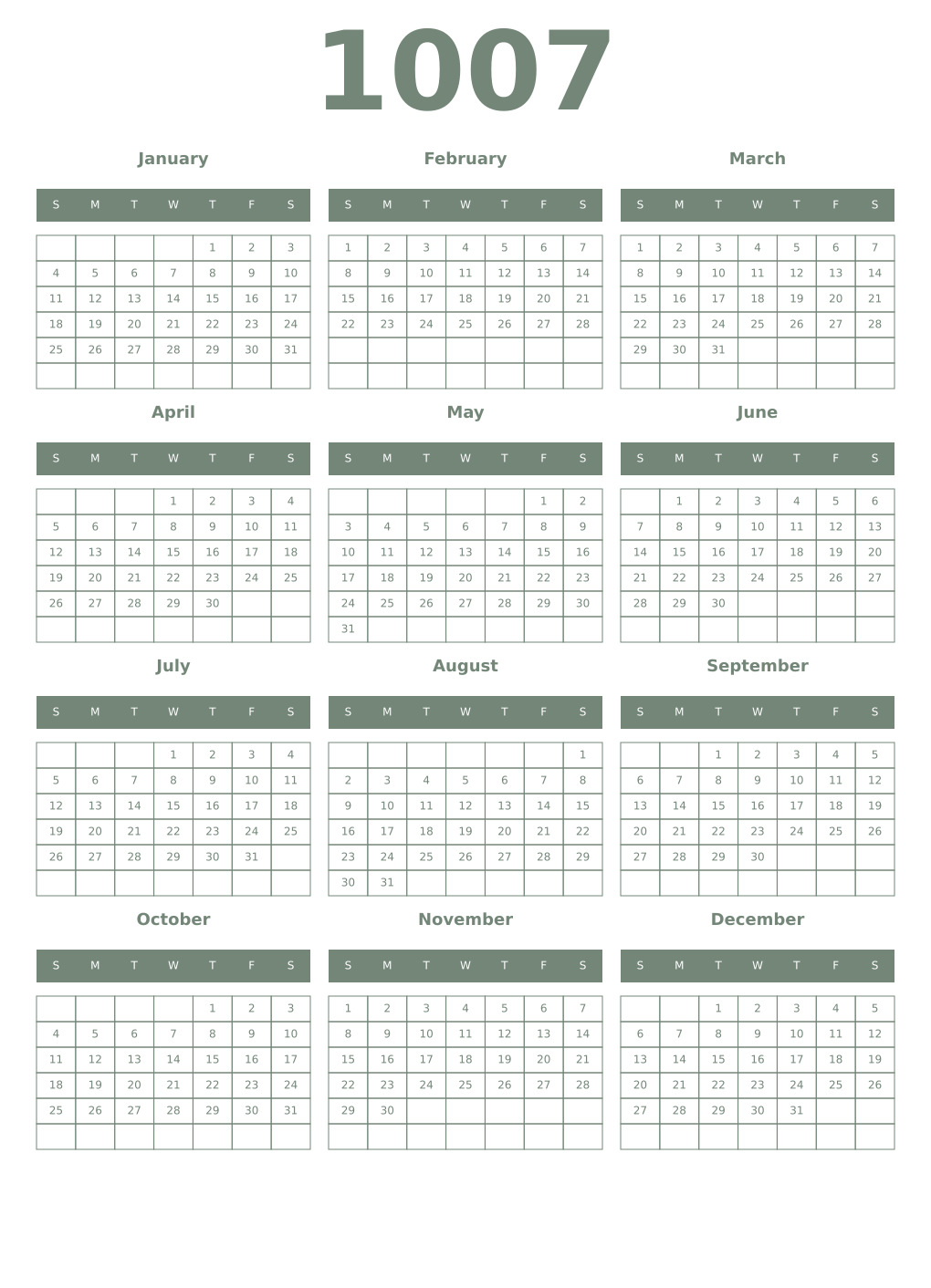Printable 1007 Year Calendars xanadu