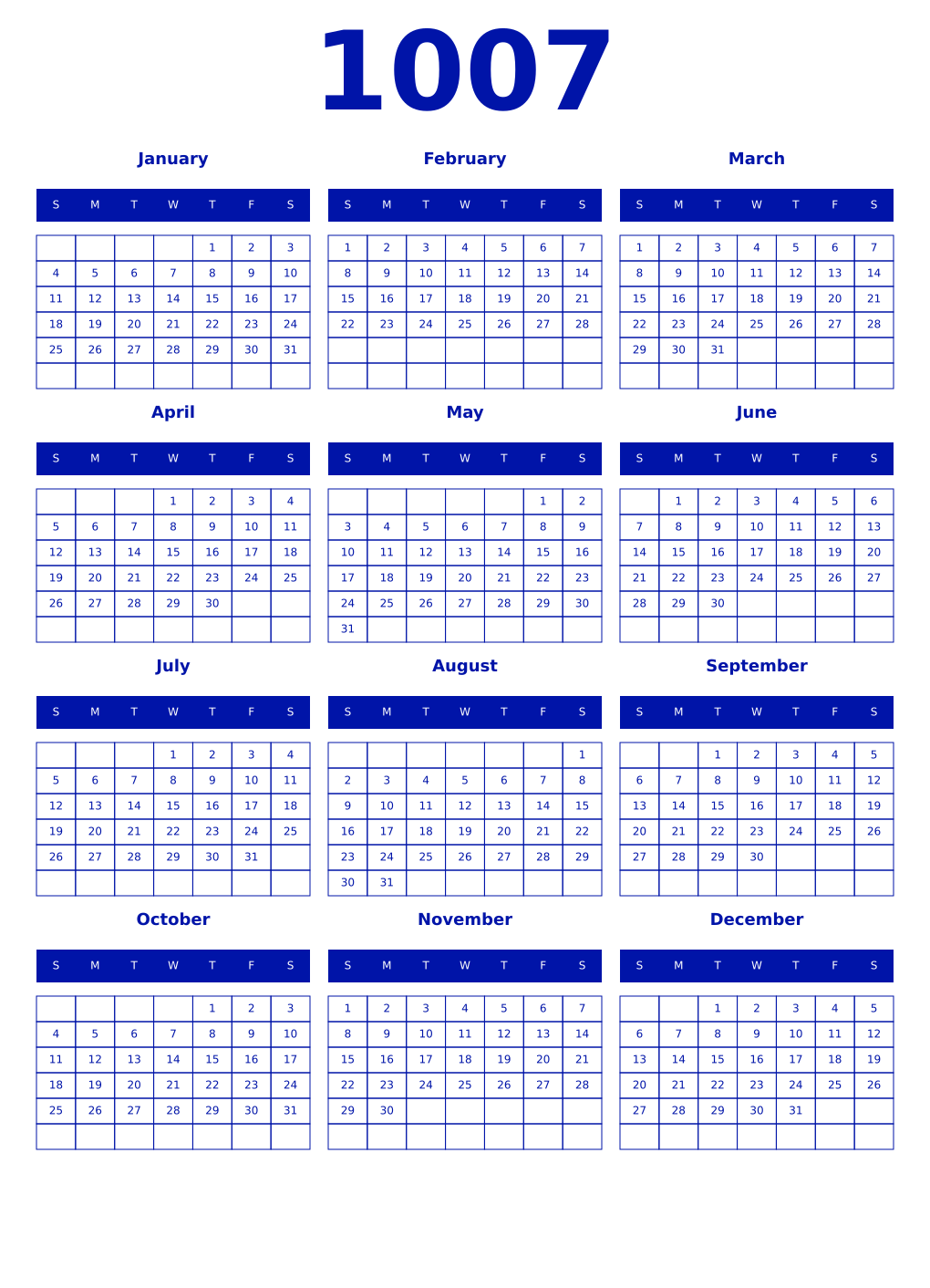 Printable 1007 Year Calendars zaffre