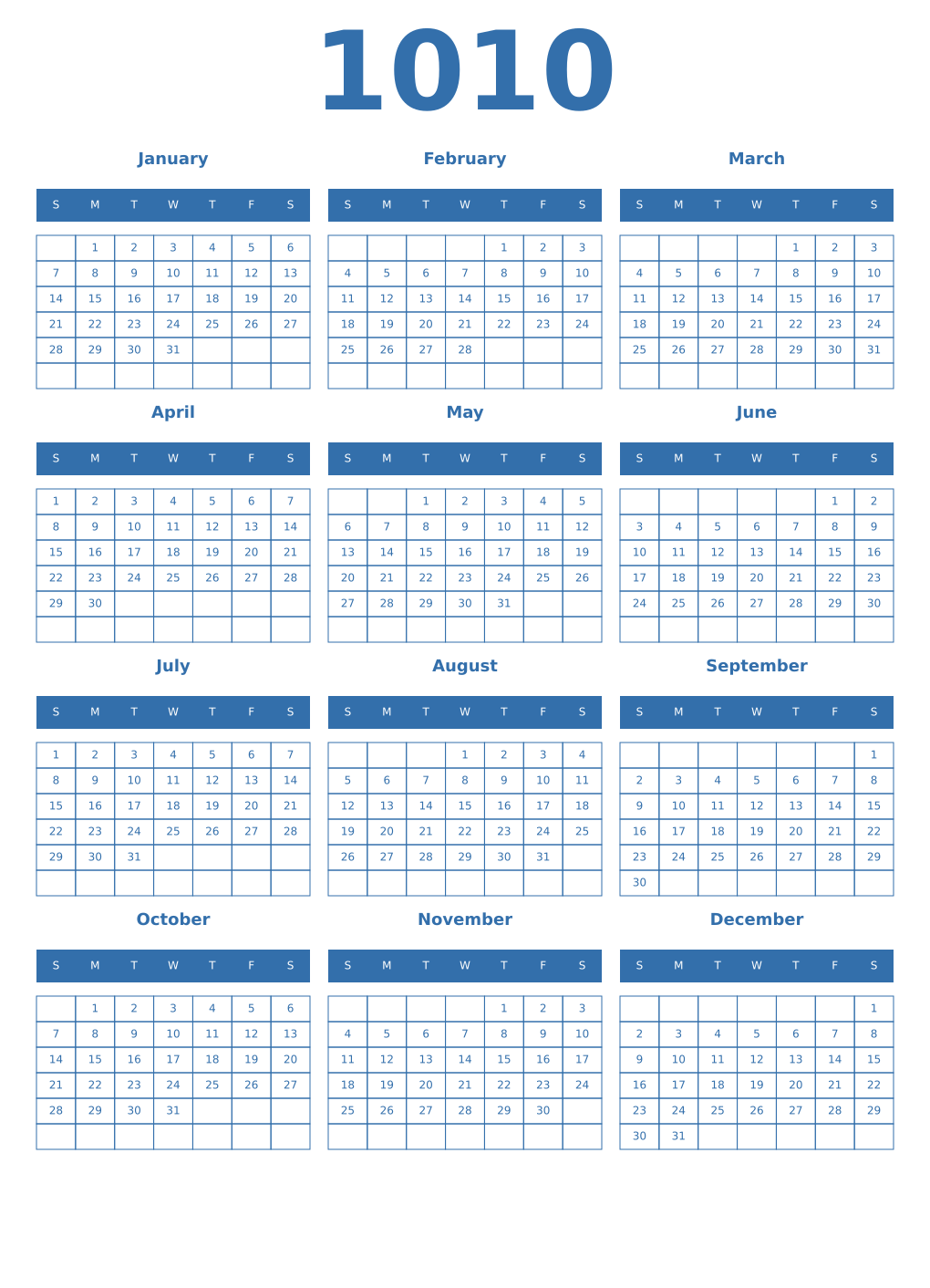 Printable 1010 Year Calendars blue