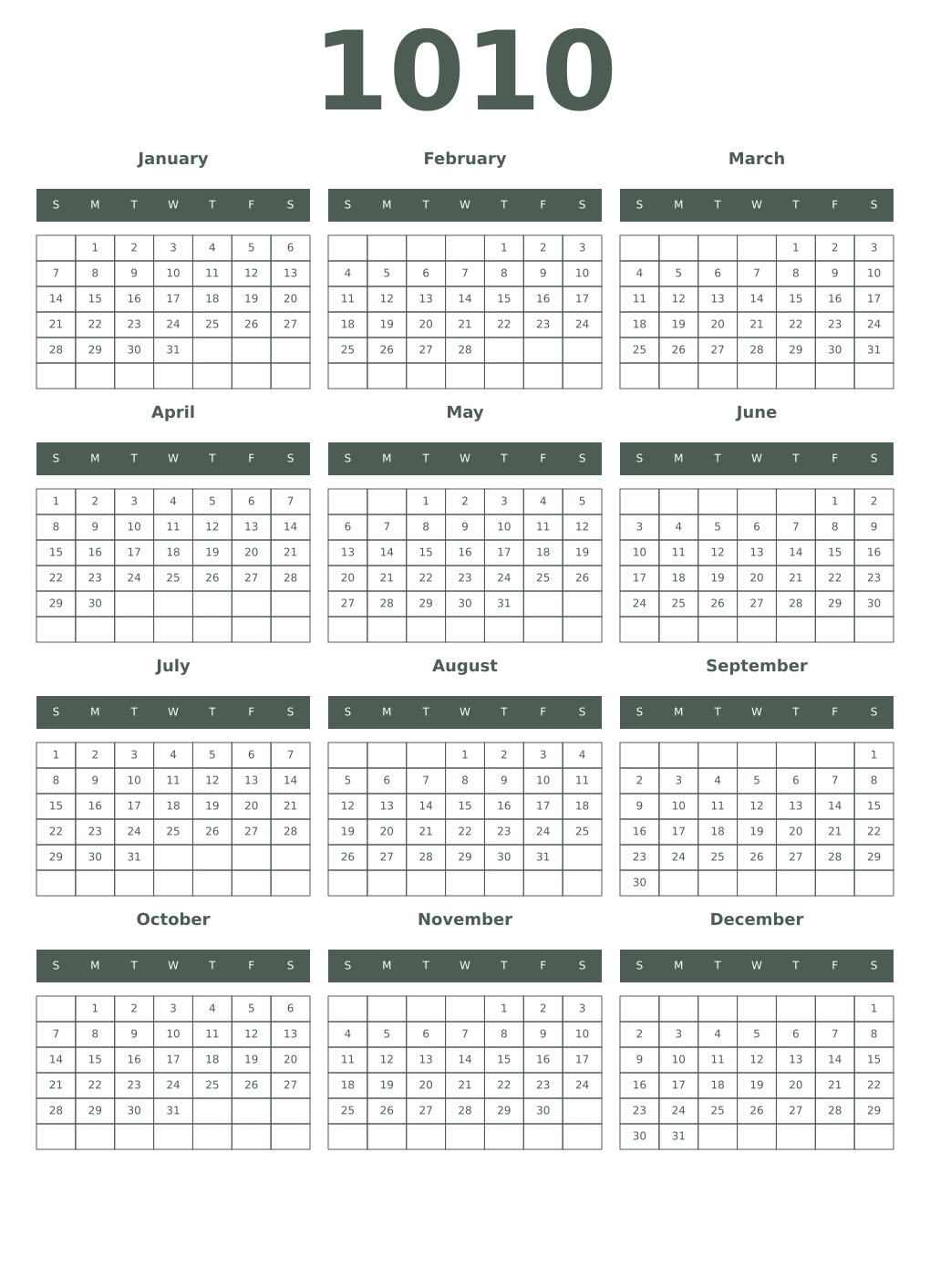 Printable 1010 Year Calendars feldgrau