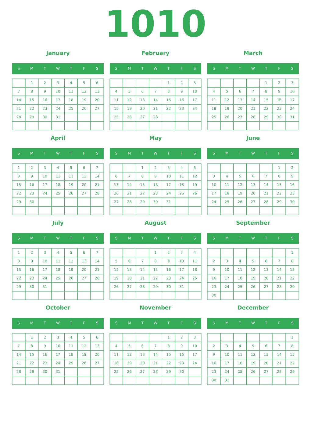 Printable 1010 Year Calendars green