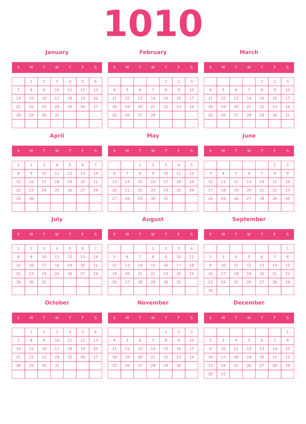Printable 1010 Year Calendars pink