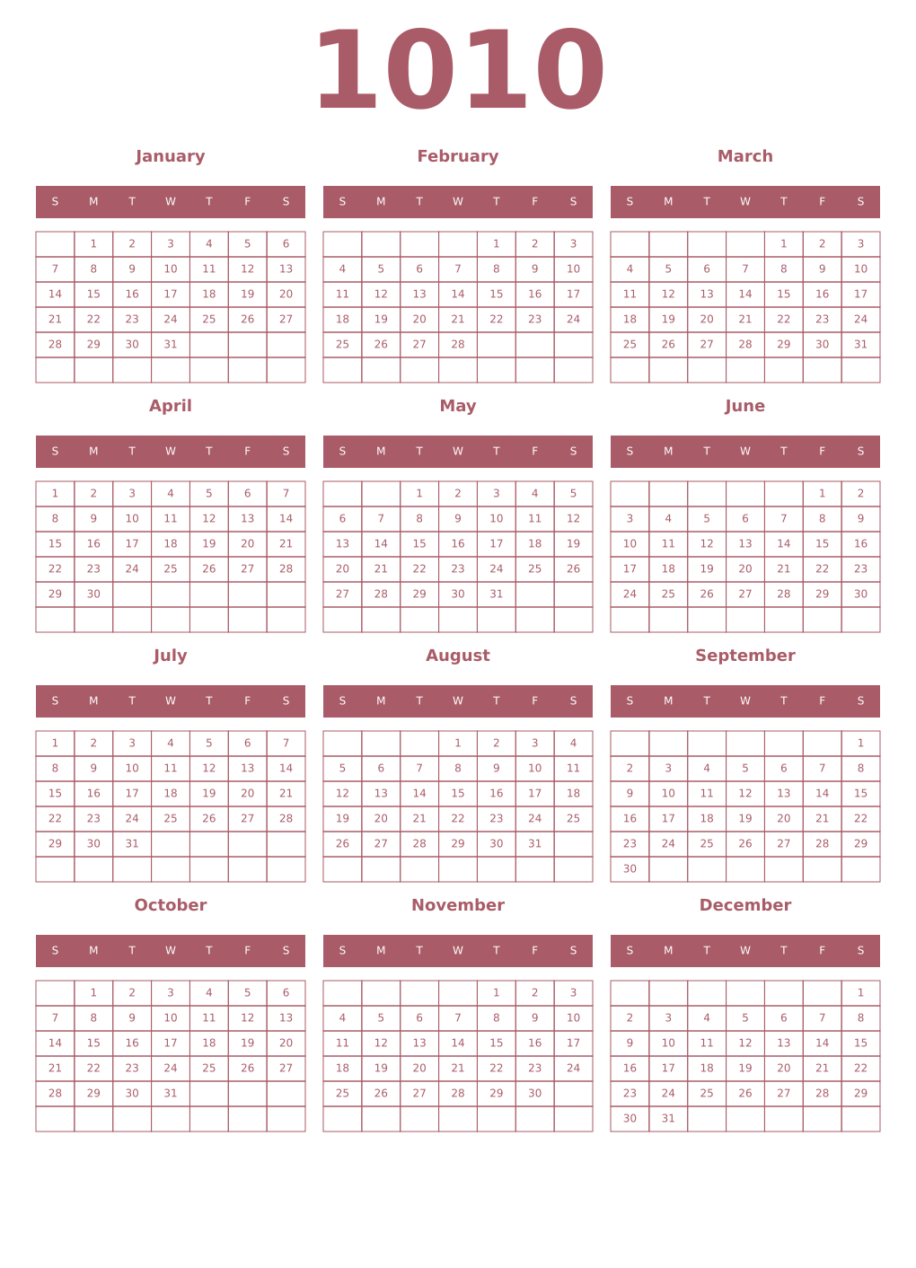 Printable 1010 Year Calendars puce