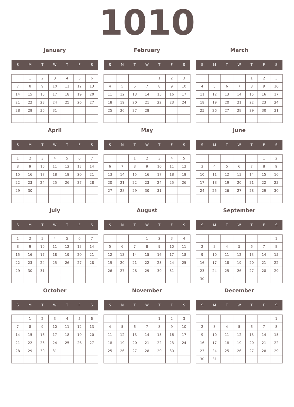 Printable 1010 Year Calendars wenge