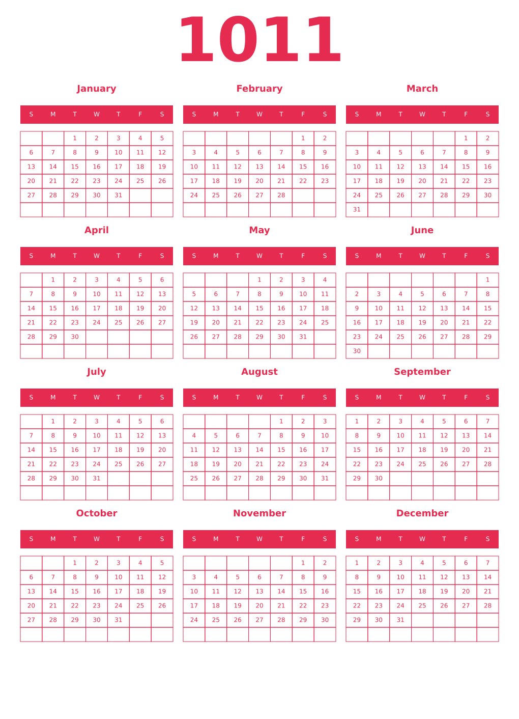 Printable 1011 Year Calendars amaranth
