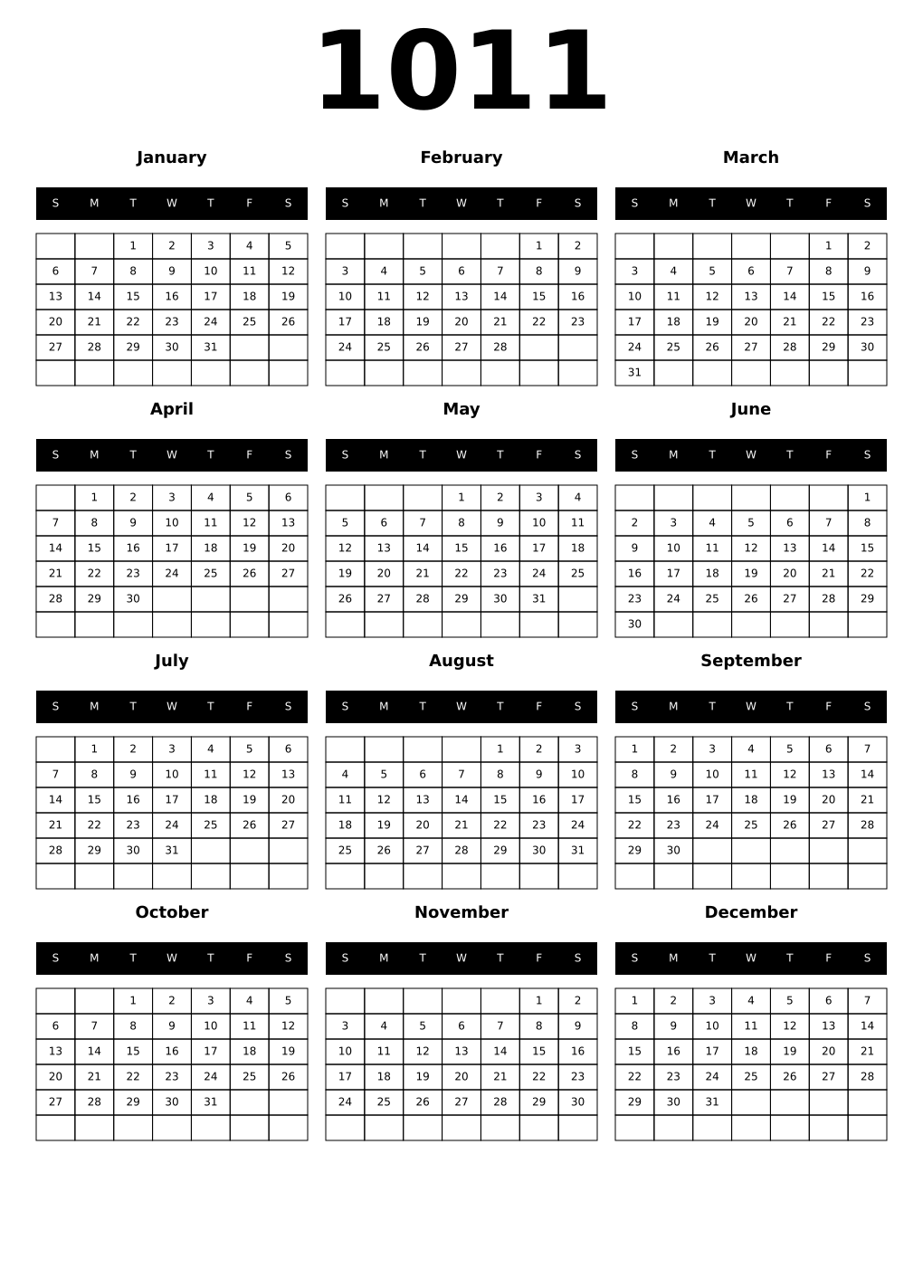 Printable 1011 Year Calendars black