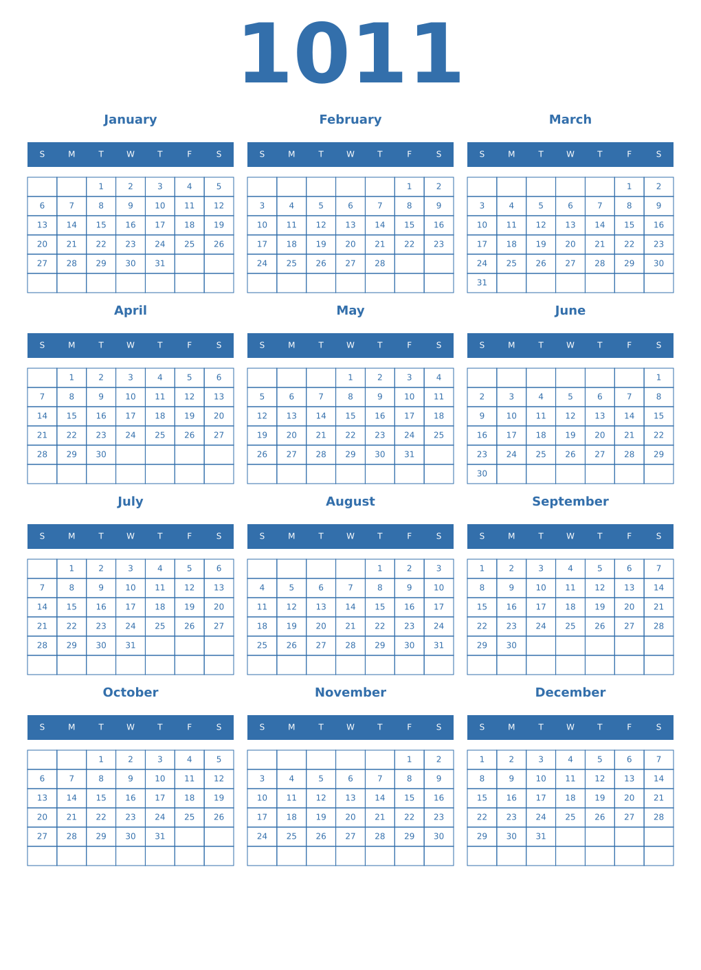 Printable 1011 Year Calendars blue