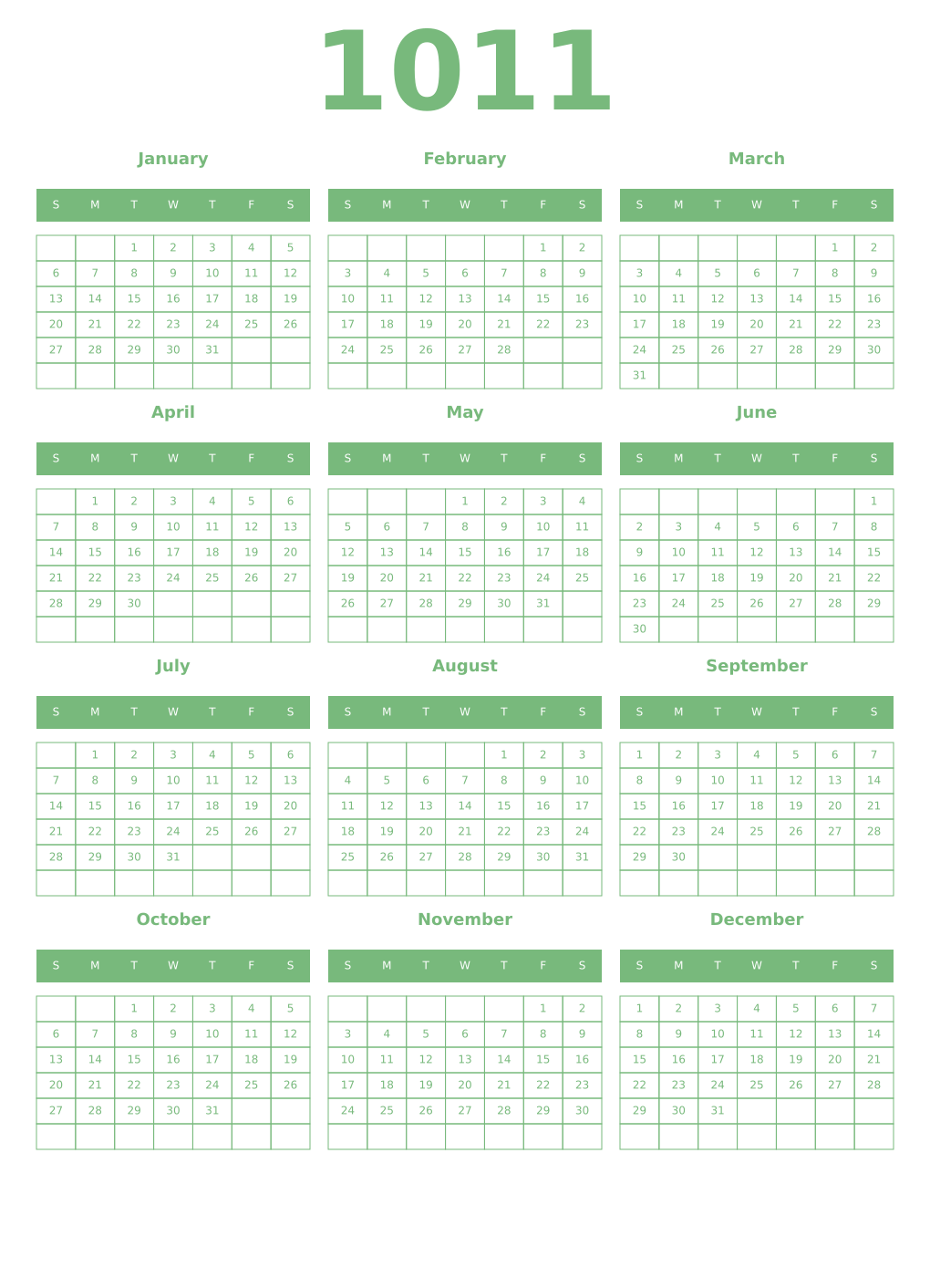 Printable 1011 Year Calendars celadon