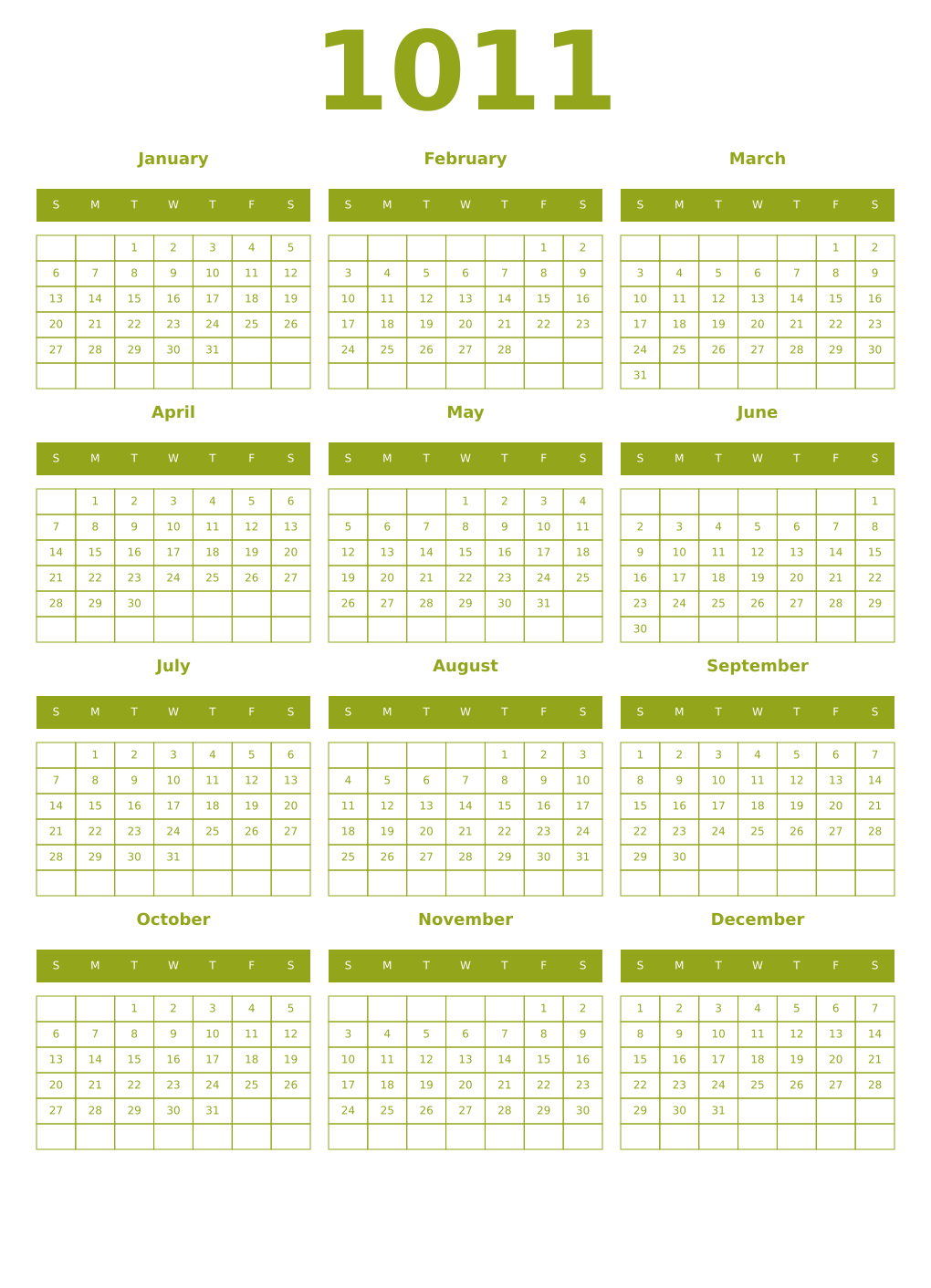 Printable 1011 Year Calendars chartreuse