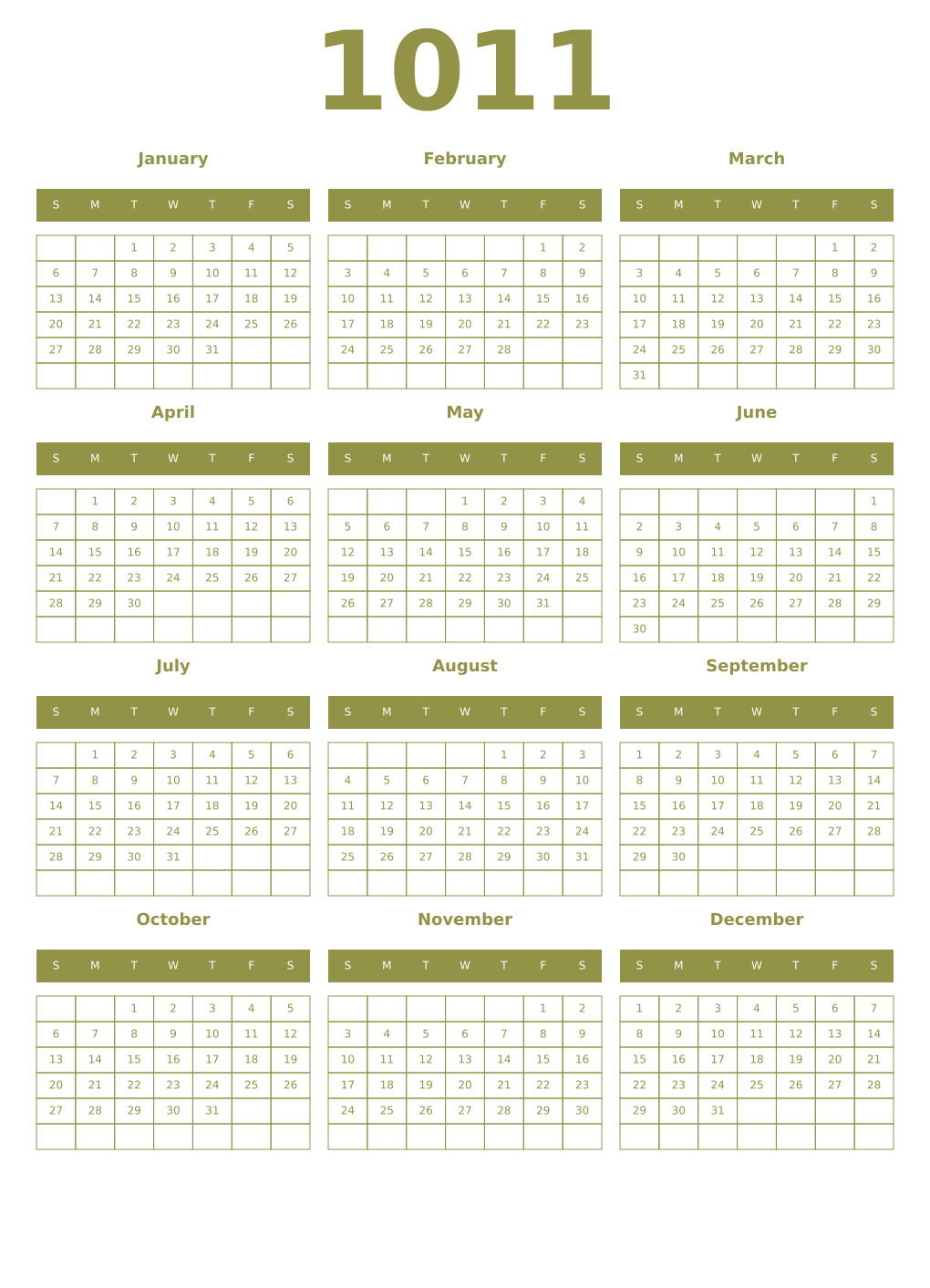 Printable 1011 Year Calendars eburnean