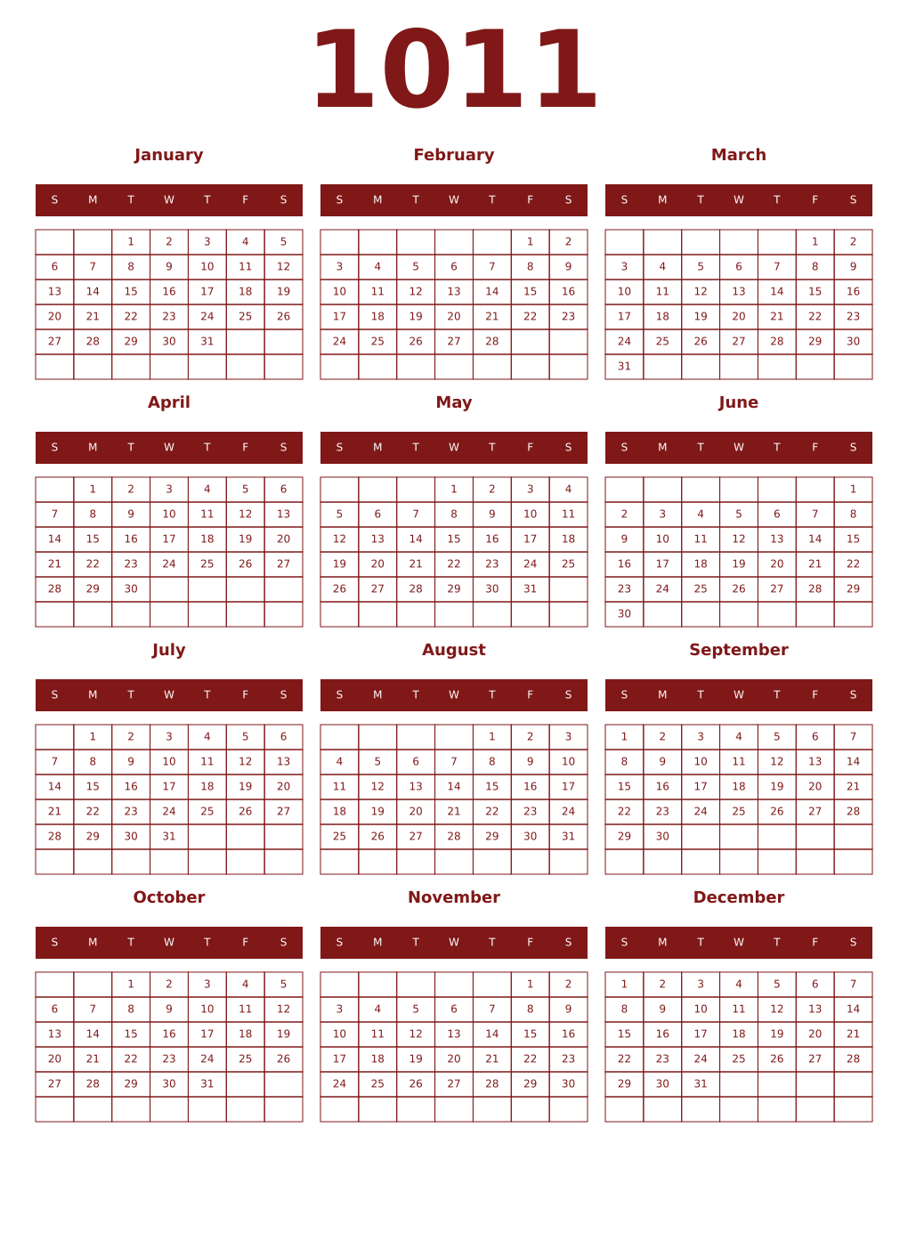 Printable 1011 Year Calendars falu