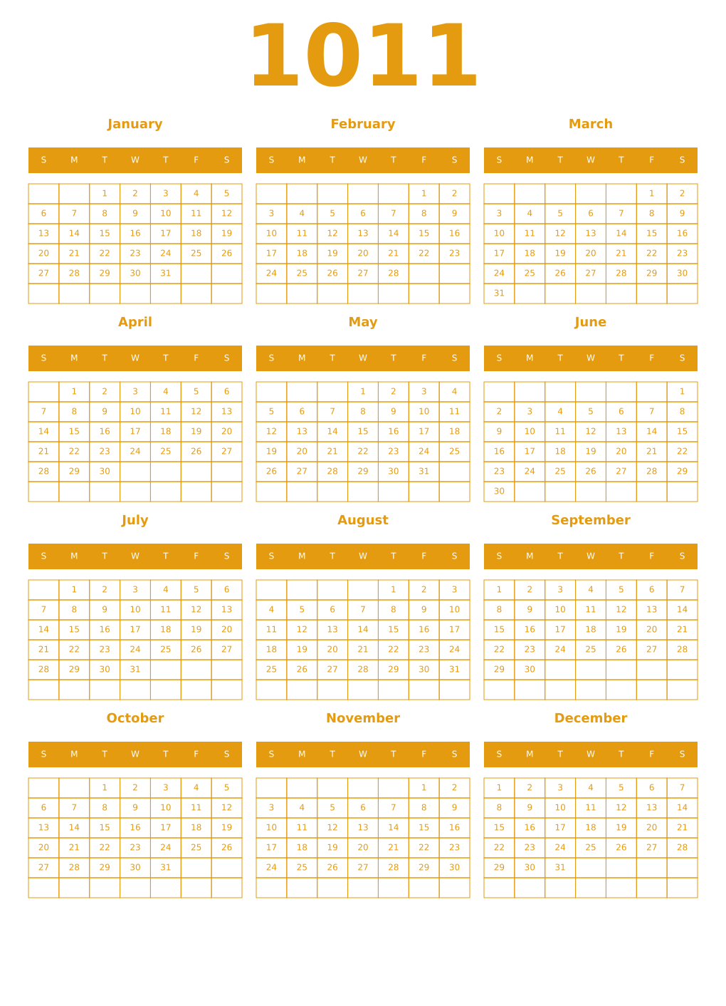 Printable 1011 Year Calendars gamboge