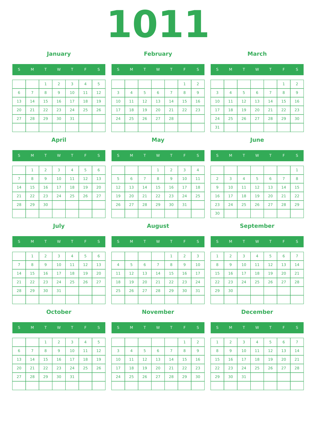 Printable 1011 Year Calendars green
