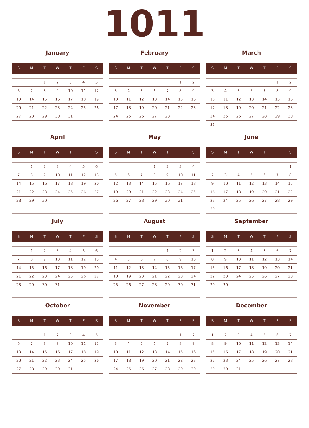 Printable 1011 Year Calendars mortuum