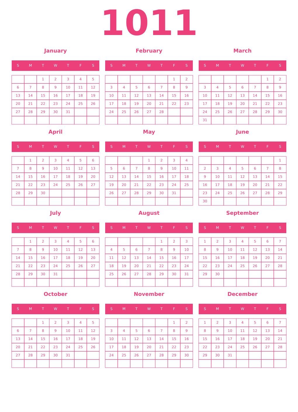 Printable 1011 Year Calendars pink