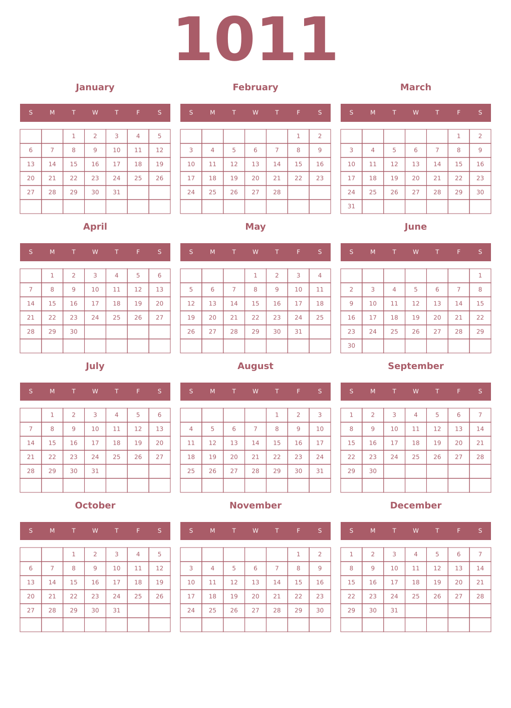 Printable 1011 Year Calendars puce