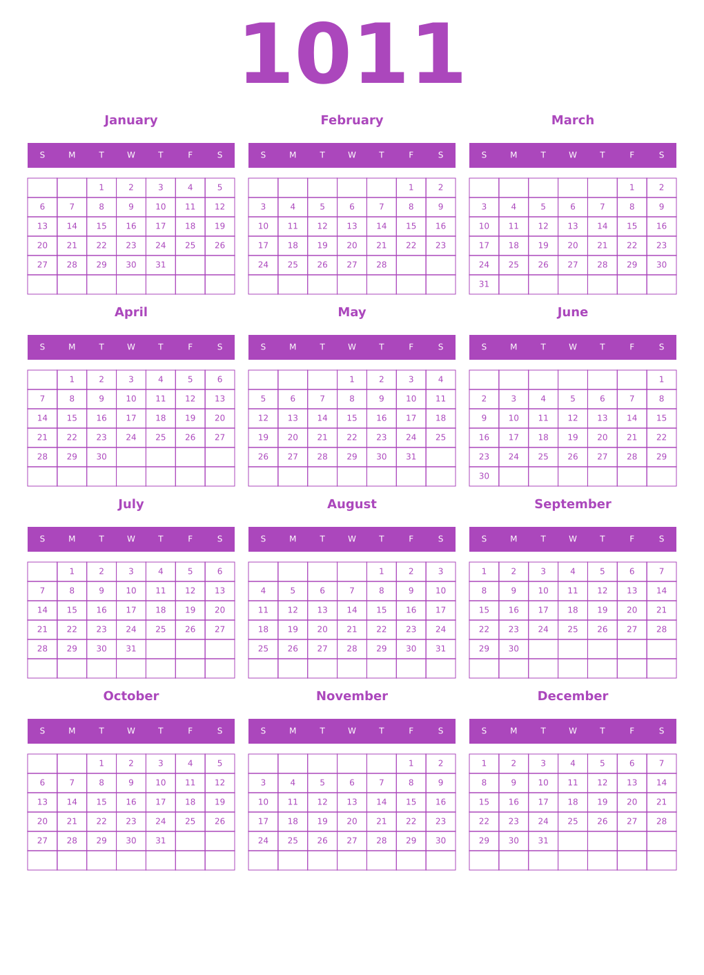 Printable 1011 Year Calendars purple