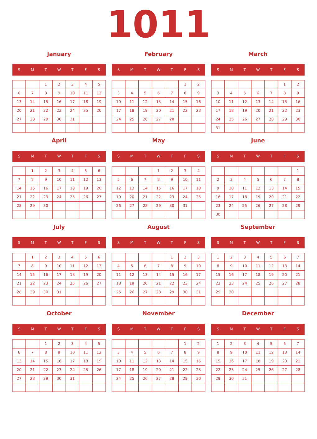 Printable 1011 Year Calendars red