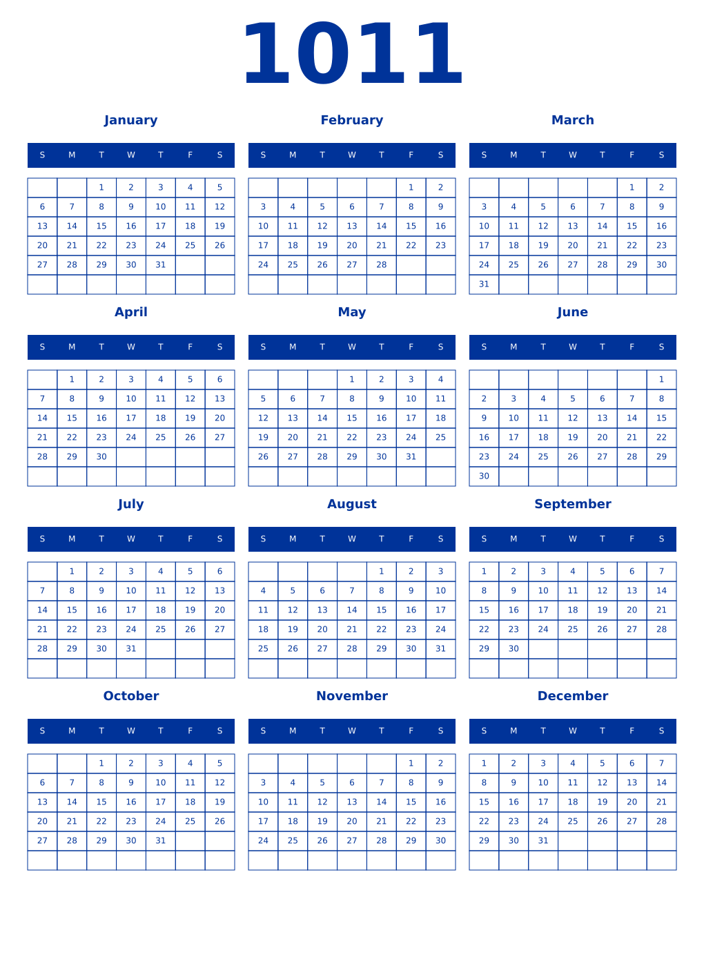 Printable 1011 Year Calendars smalt