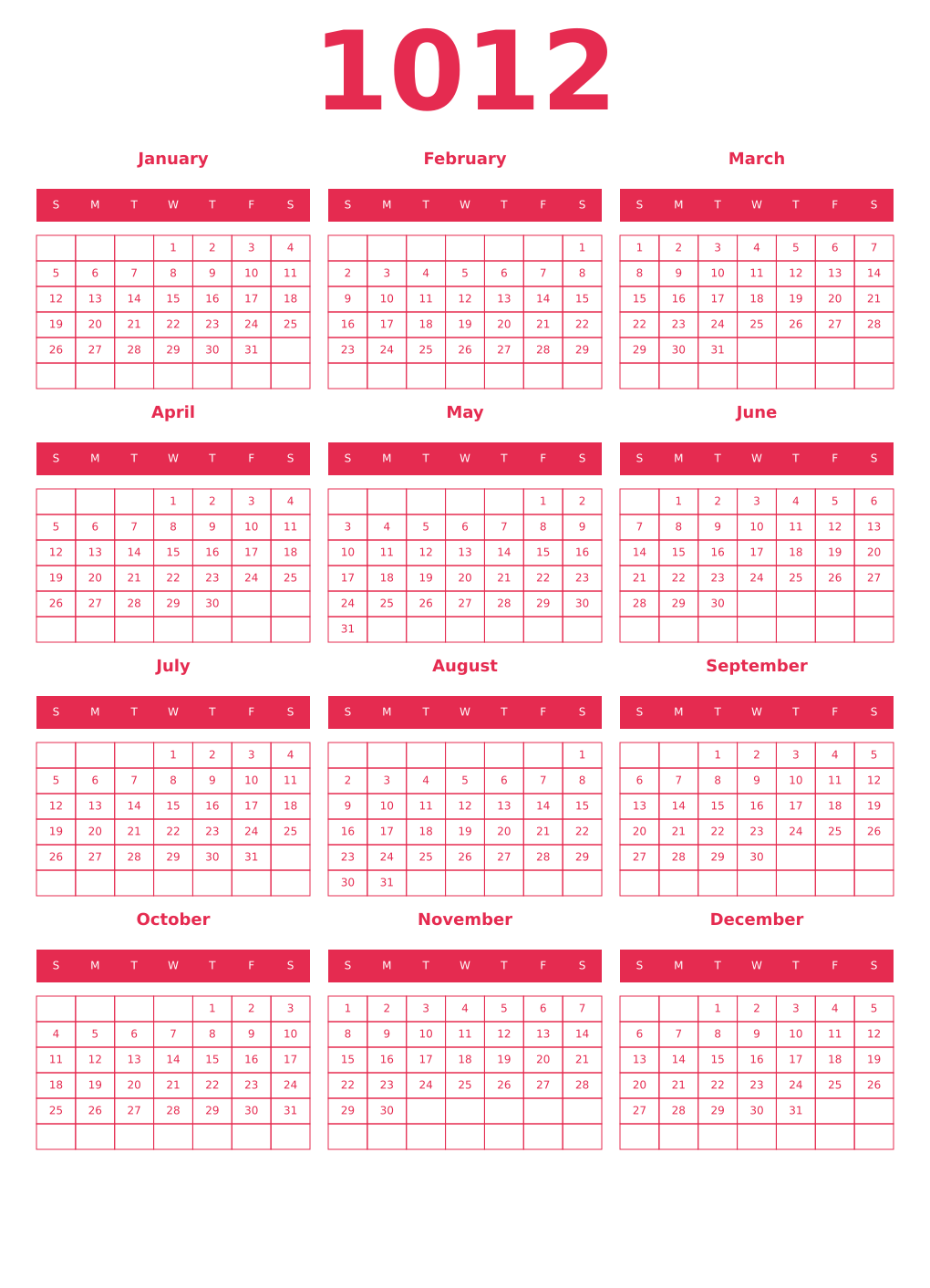 Printable 1012 Year Calendars amaranth