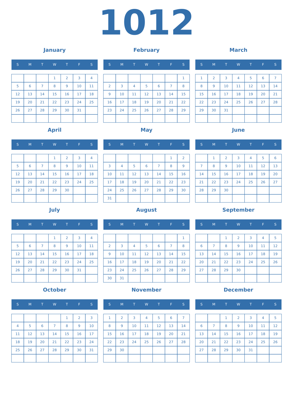 Printable 1012 Year Calendars blue