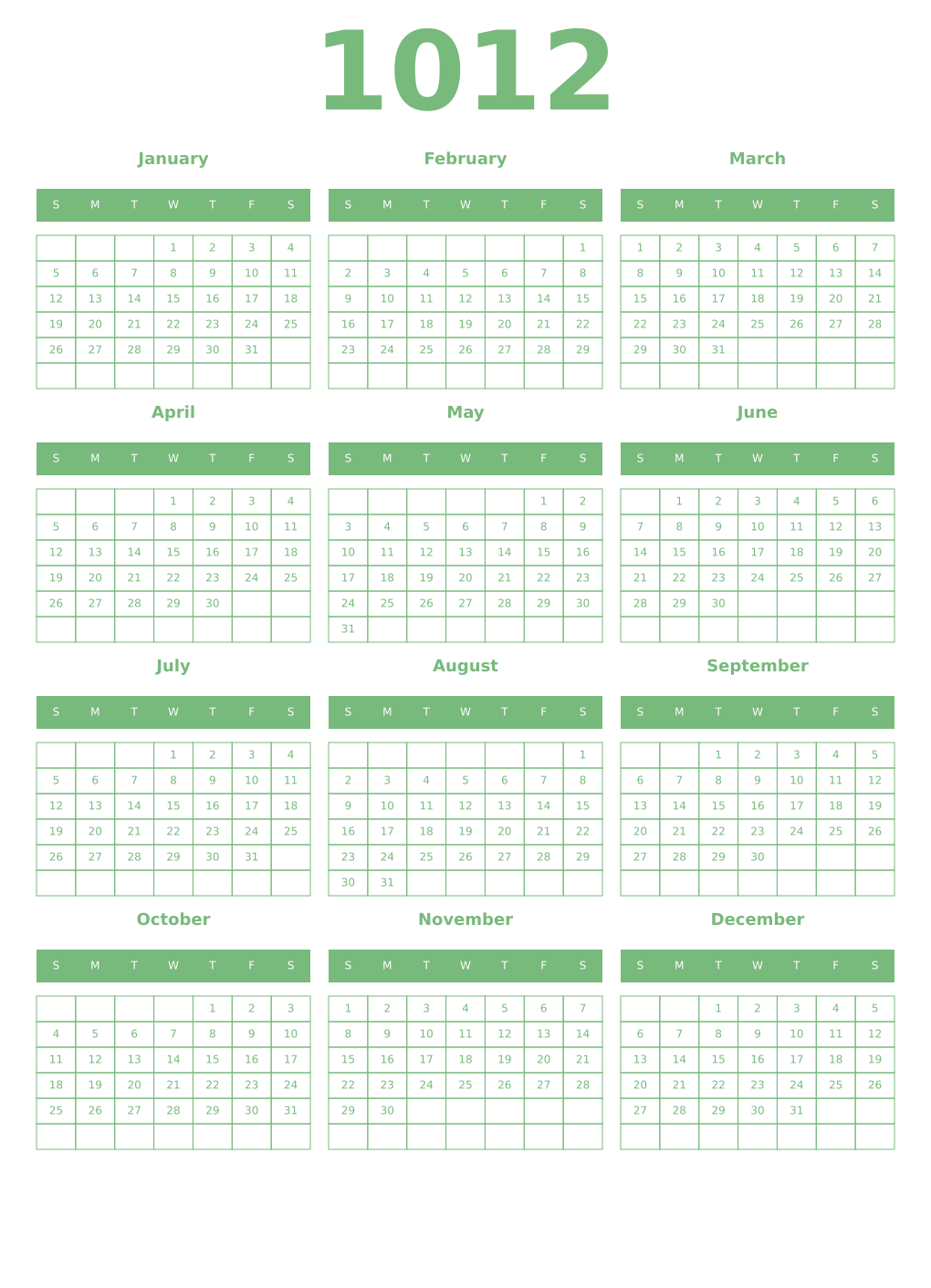 Printable 1012 Year Calendars celadon