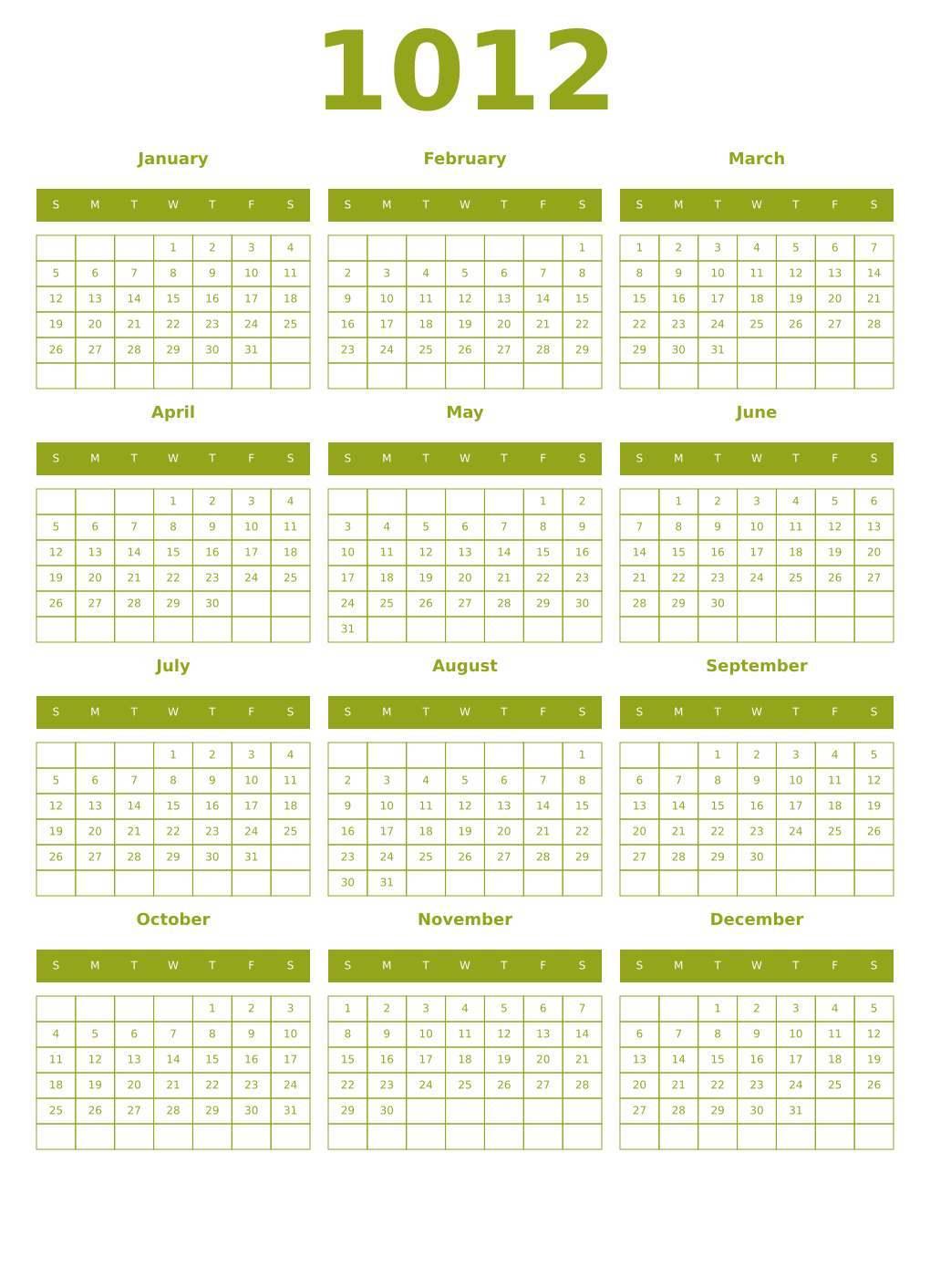 Printable 1012 Year Calendars chartreuse