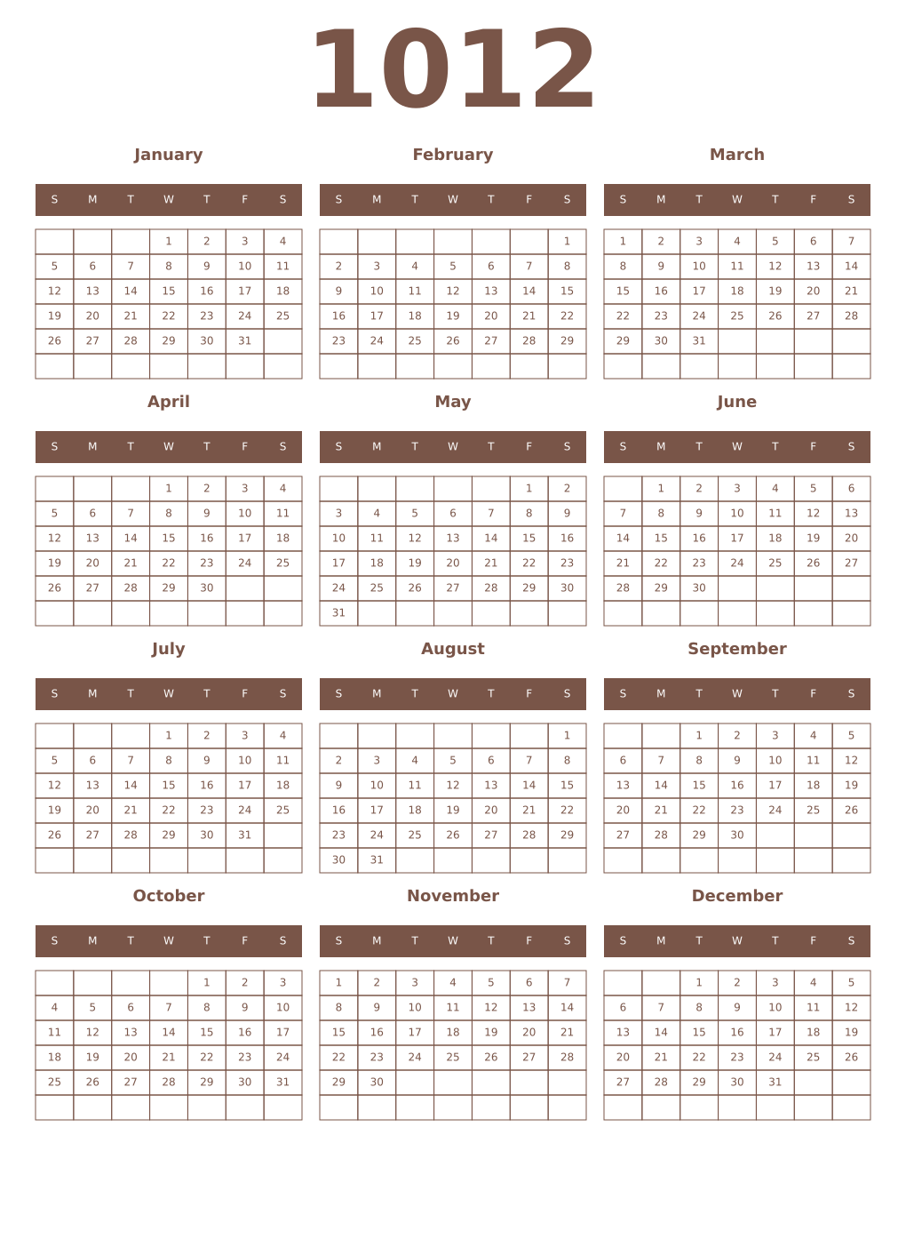 Printable 1012 Year Calendars coffe