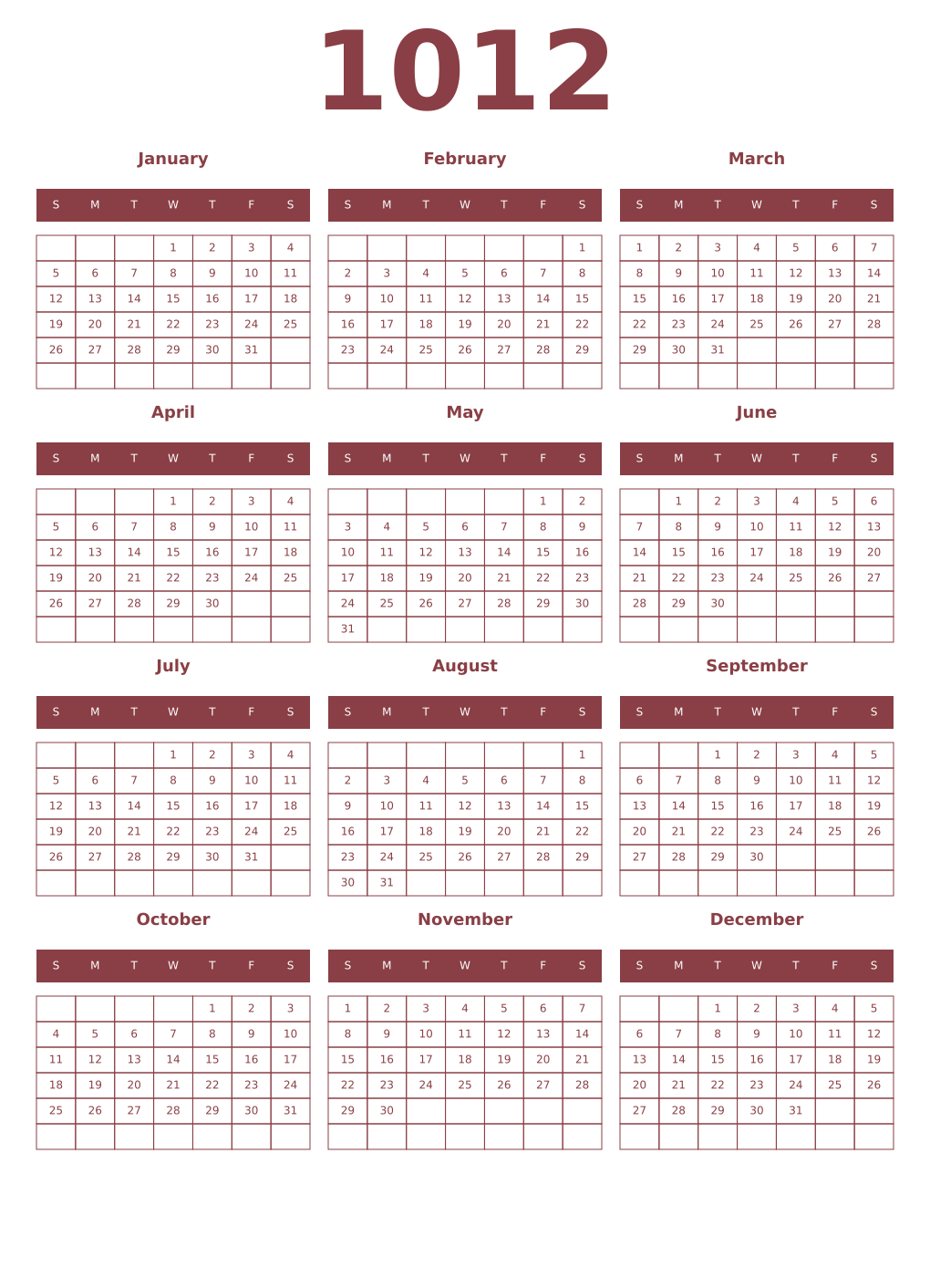 Printable 1012 Year Calendars cordovan