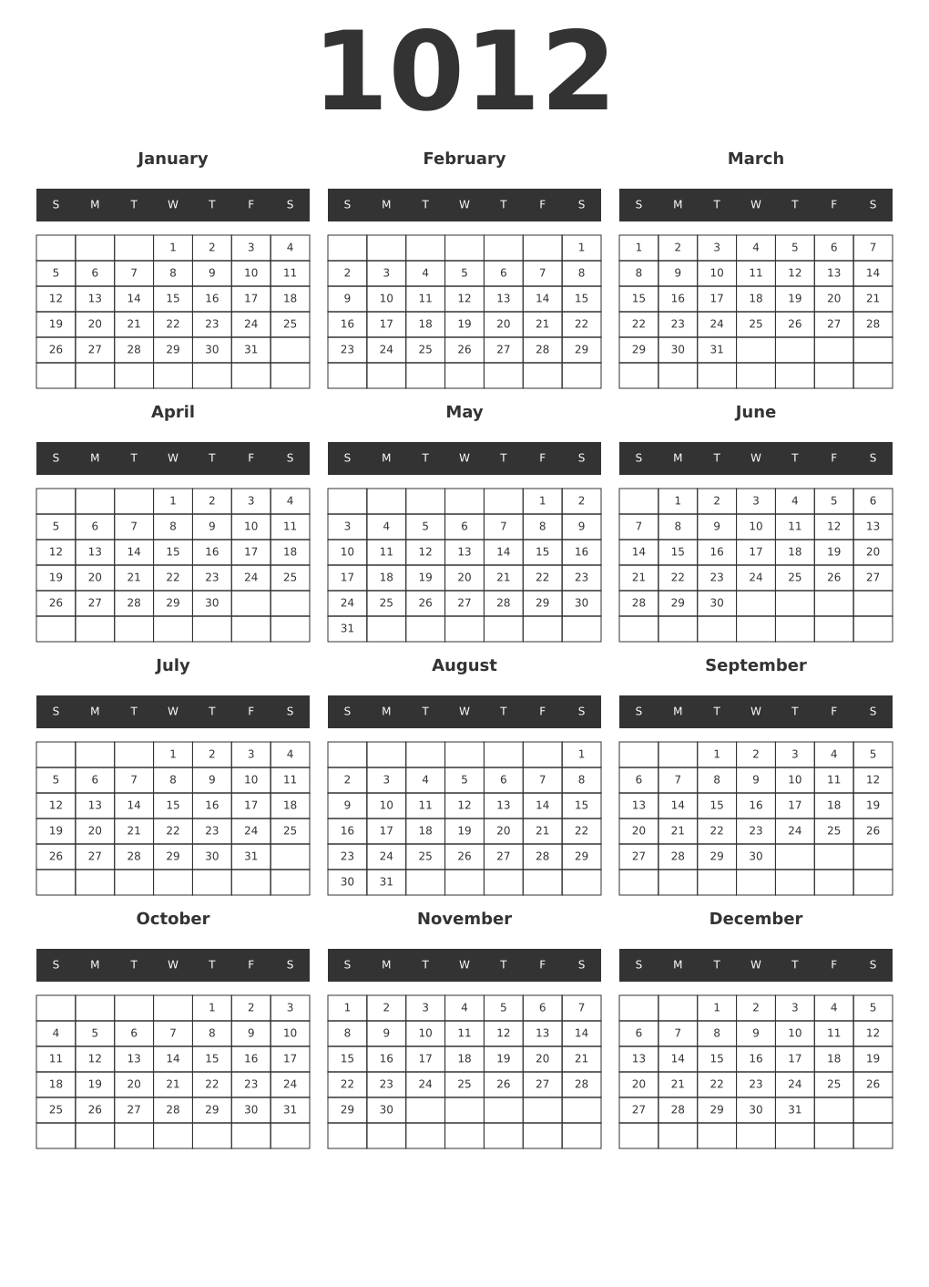 Printable 1012 Year Calendars dark