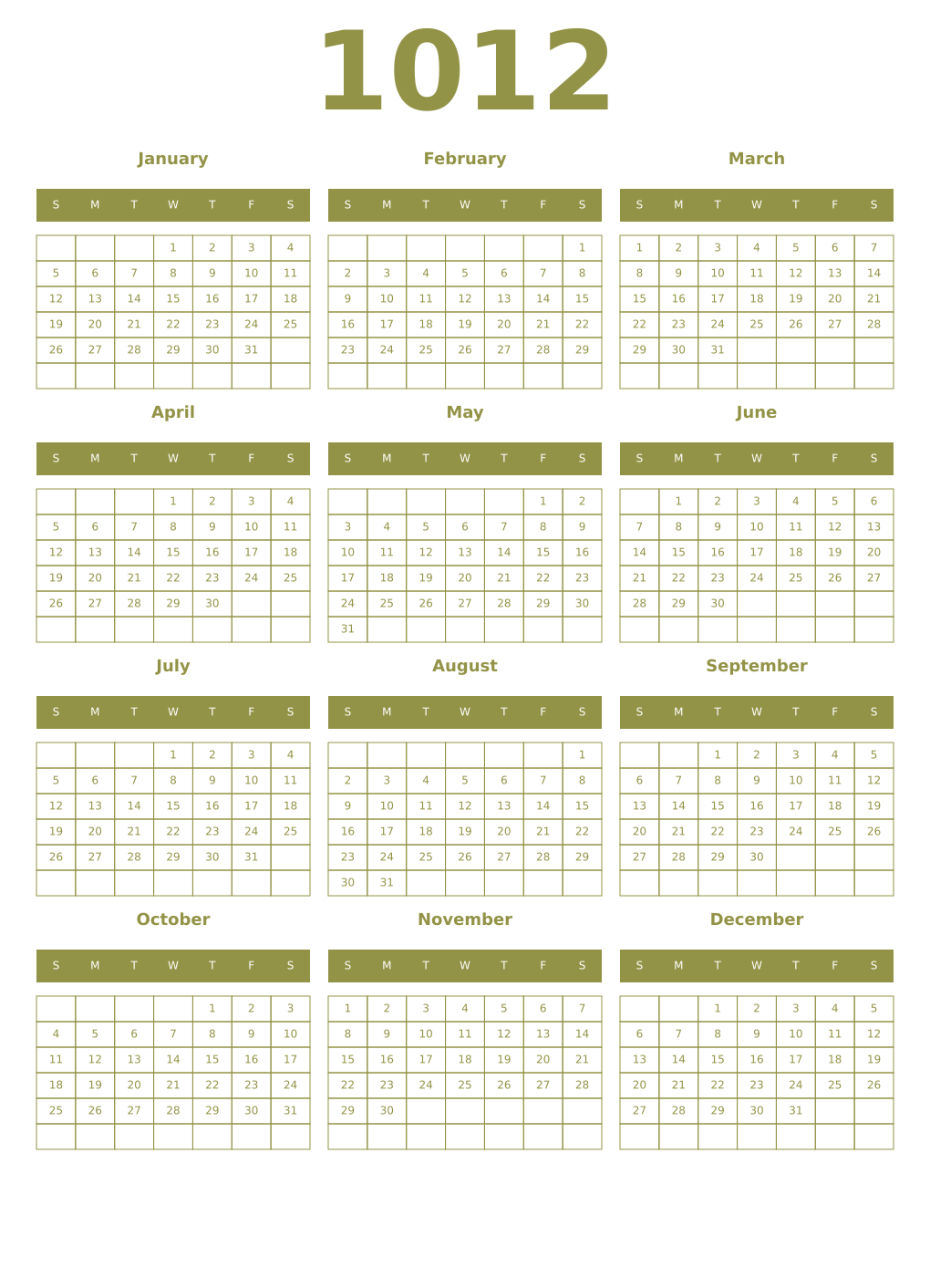 Printable 1012 Year Calendars eburnean