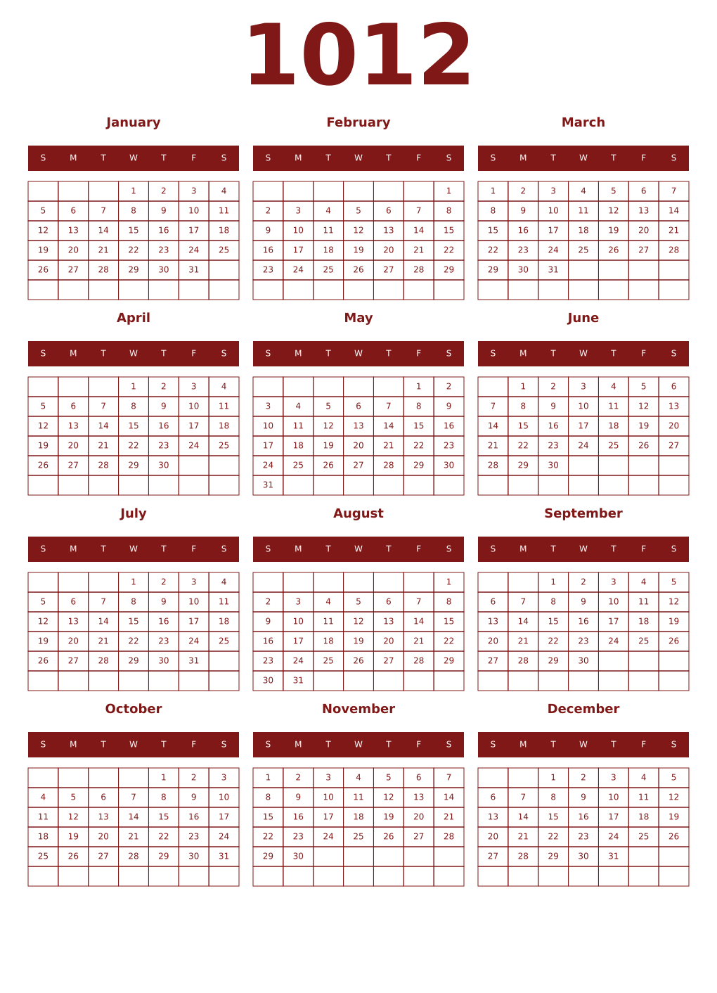 Printable 1012 Year Calendars falu