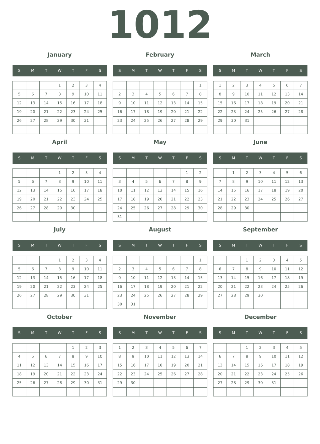 Printable 1012 Year Calendars feldgrau