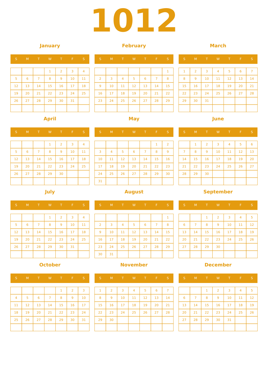 Printable 1012 Year Calendars gamboge