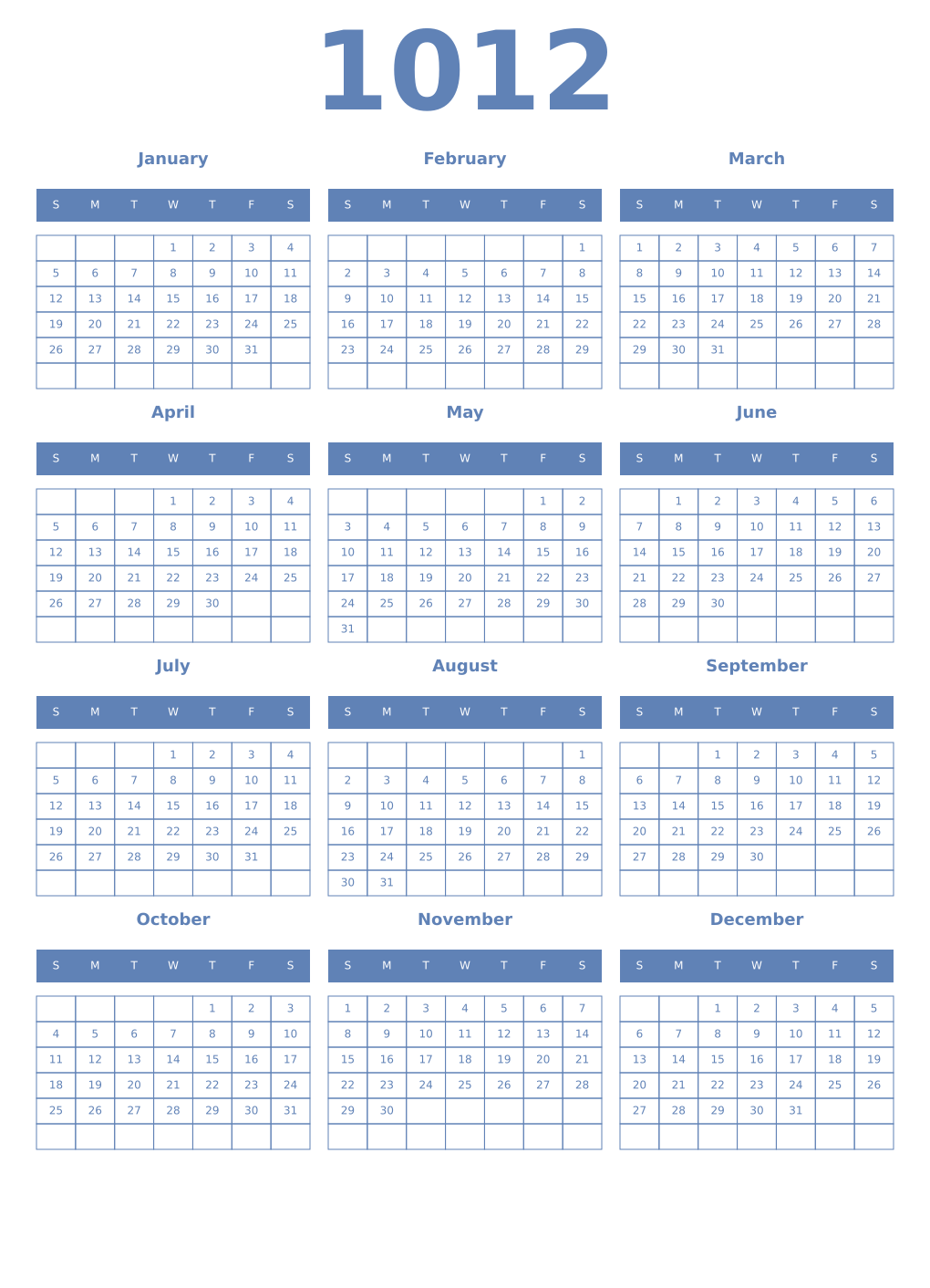 Printable 1012 Year Calendars glaucous