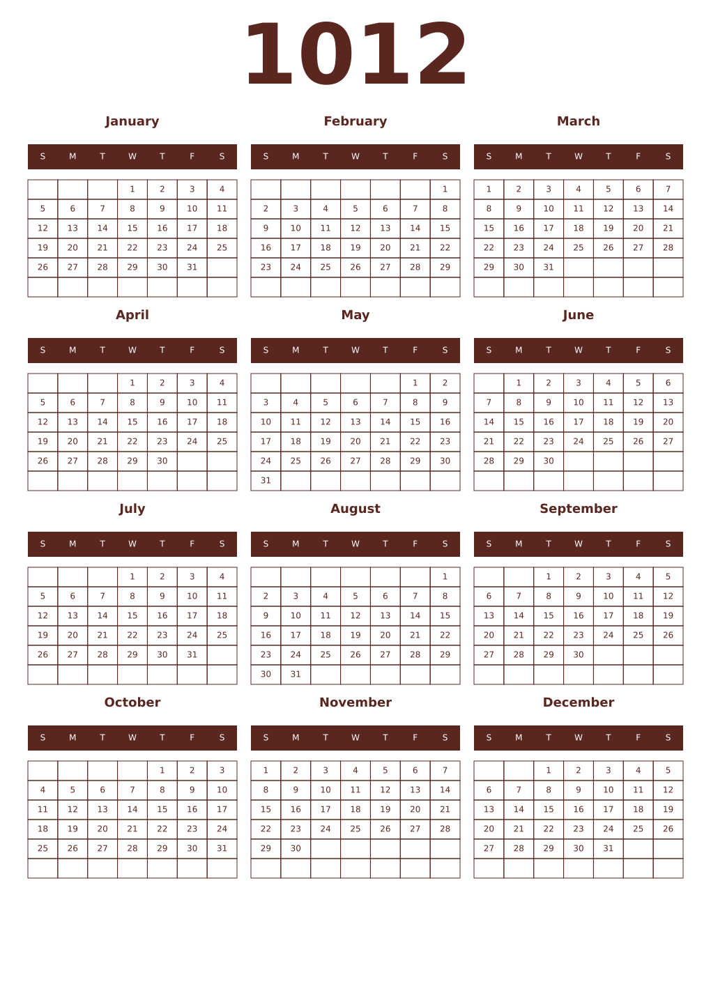 Printable 1012 Year Calendars mortuum