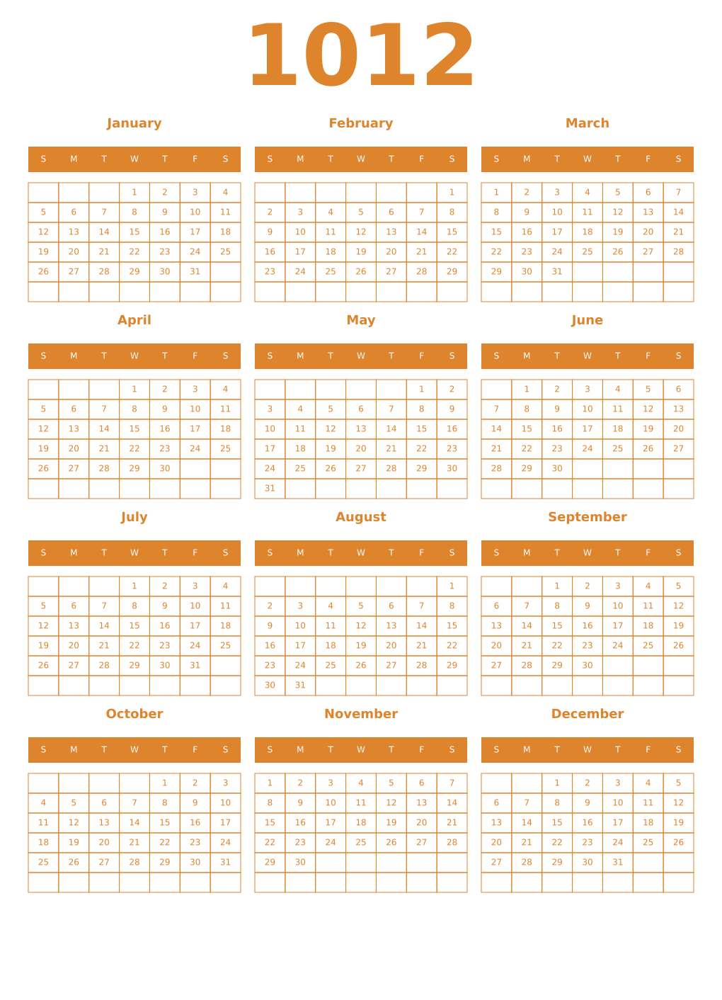 Printable 1012 Year Calendars orange