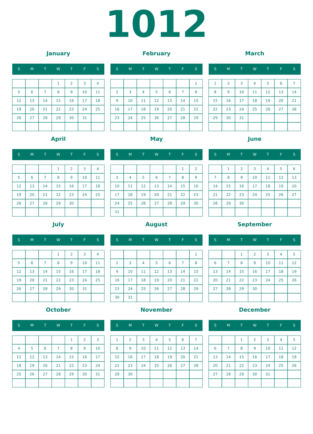 Printable 1012 Year Calendars pastel