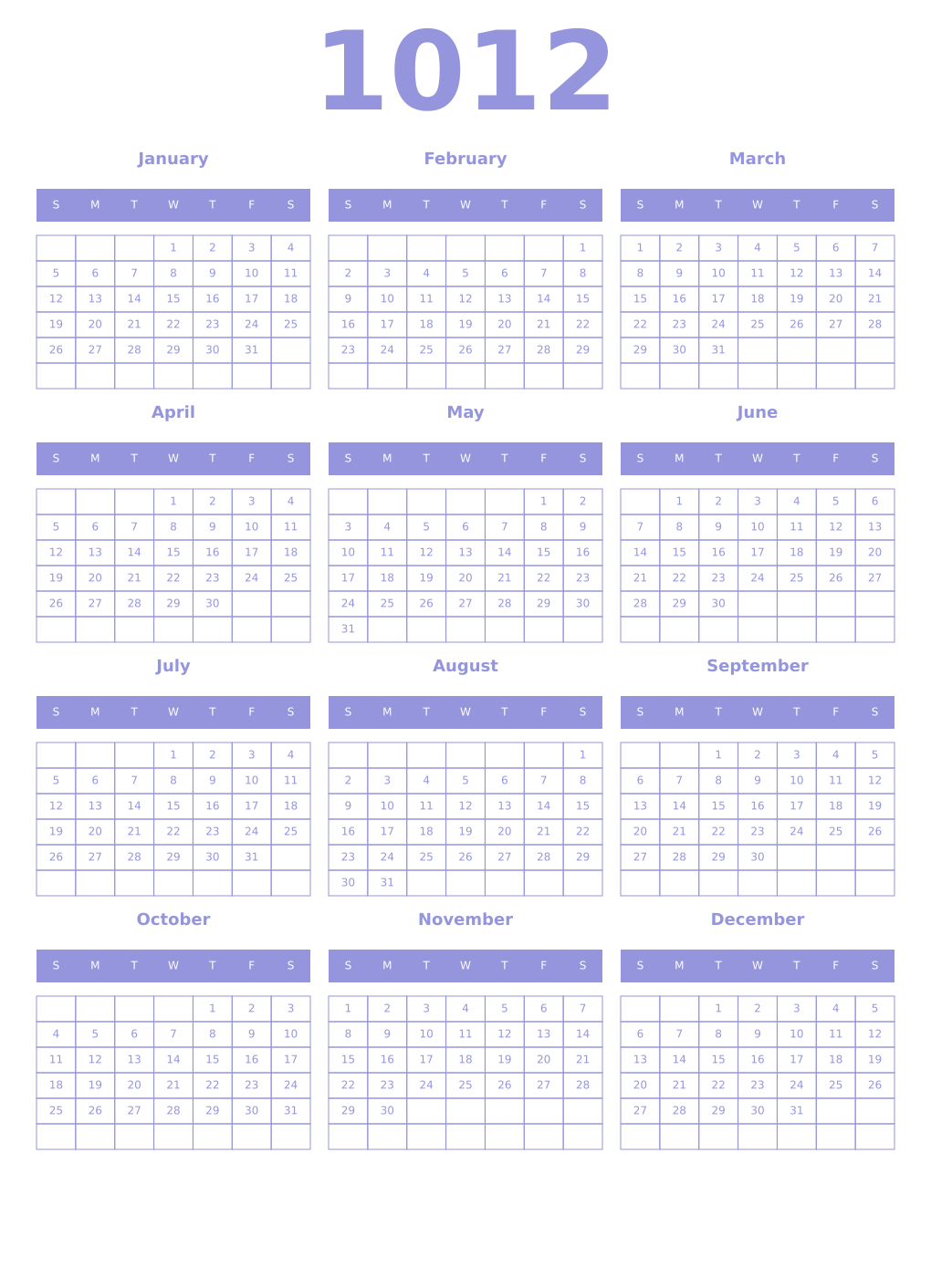 Printable 1012 Year Calendars periwinkle