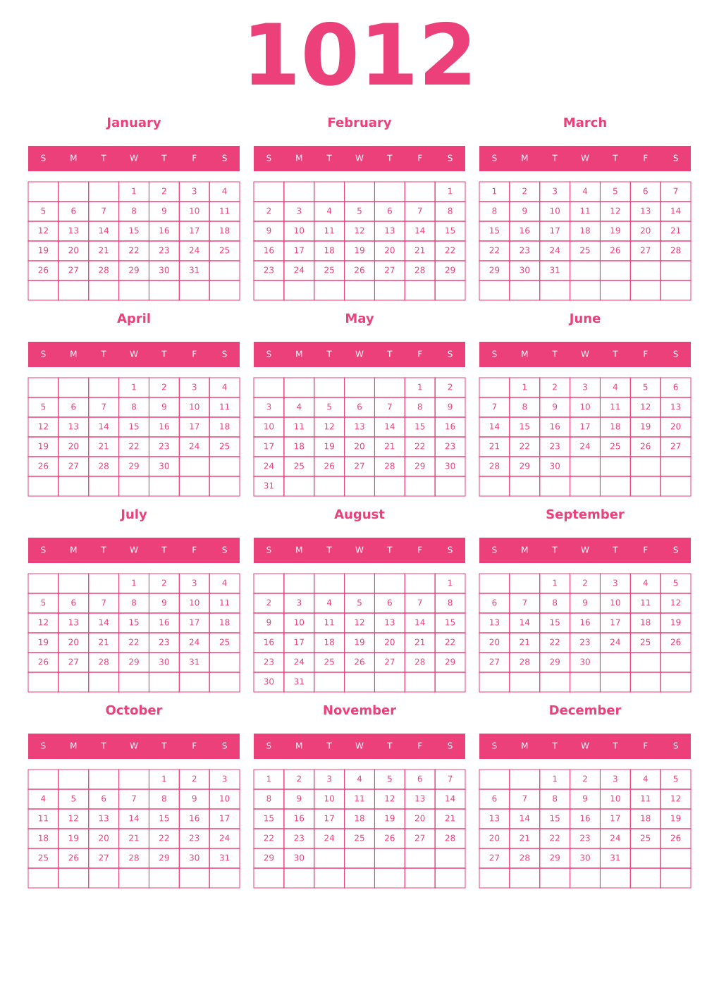 Printable 1012 Year Calendars pink