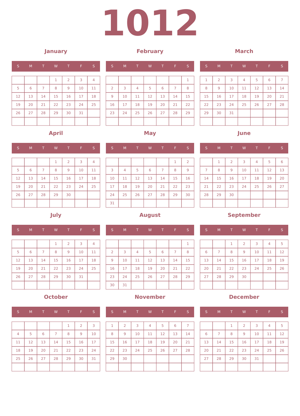 Printable 1012 Year Calendars puce