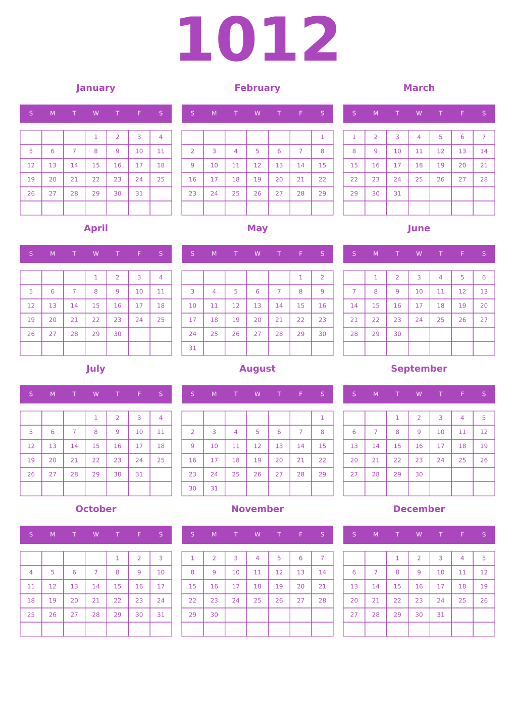 Printable 1012 Year Calendars purple
