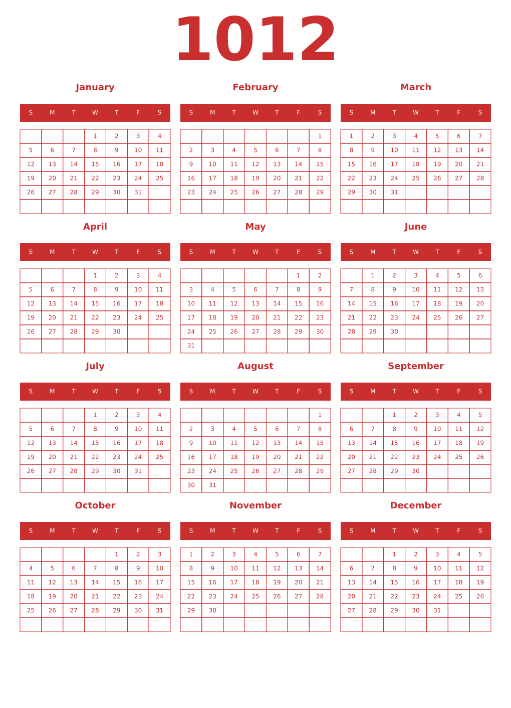 Printable 1012 Year Calendars red
