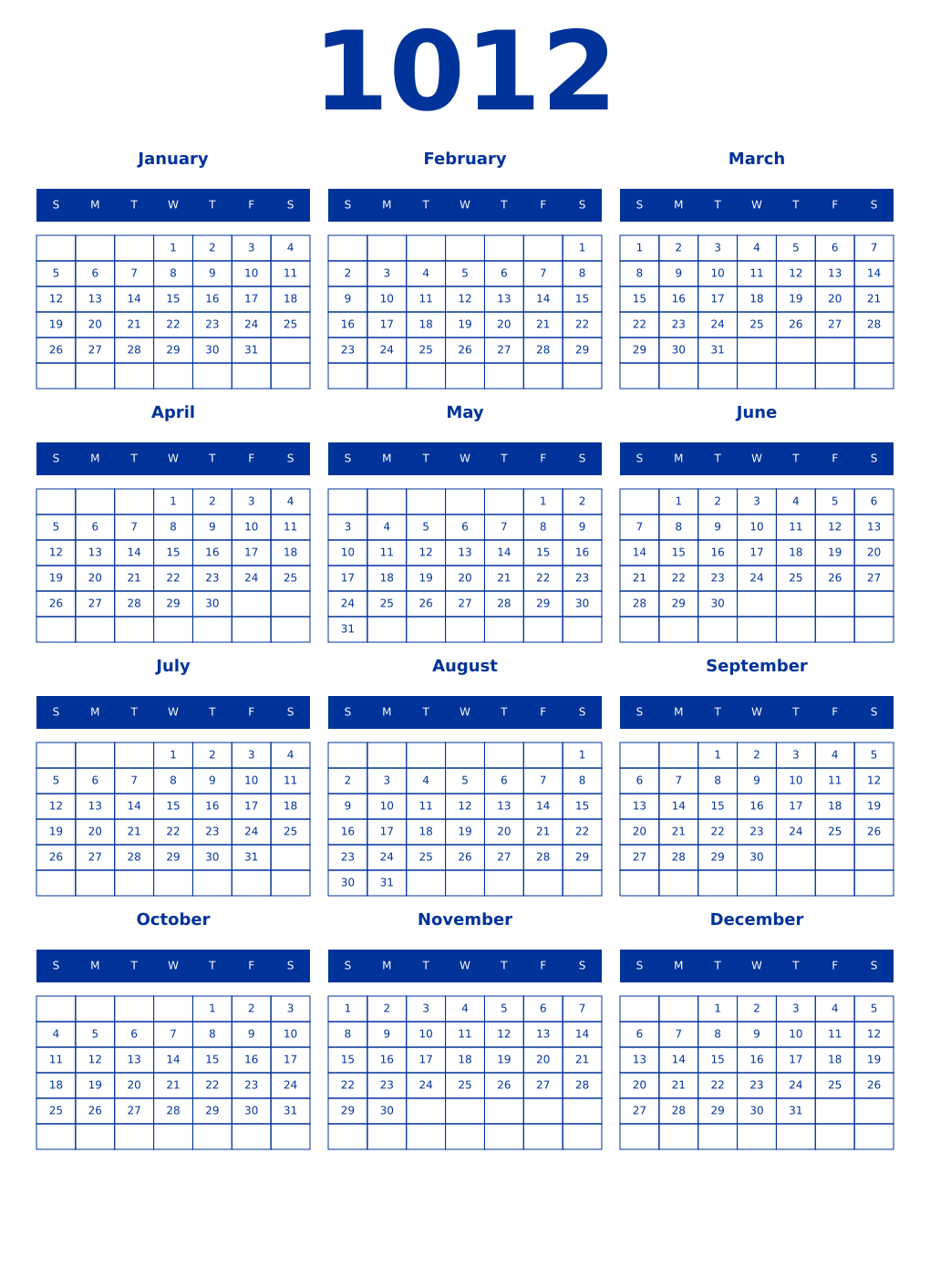 Printable 1012 Year Calendars smalt