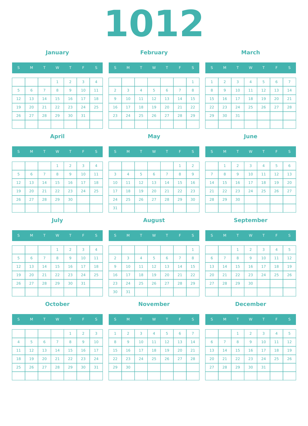 Printable 1012 Year Calendars verdigris