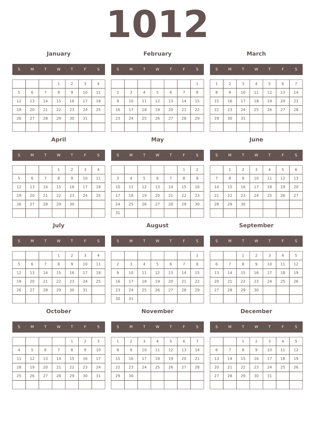 Printable 1012 Year Calendars wenge
