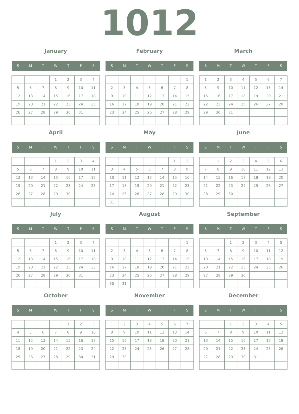 Printable 1012 Year Calendars xanadu