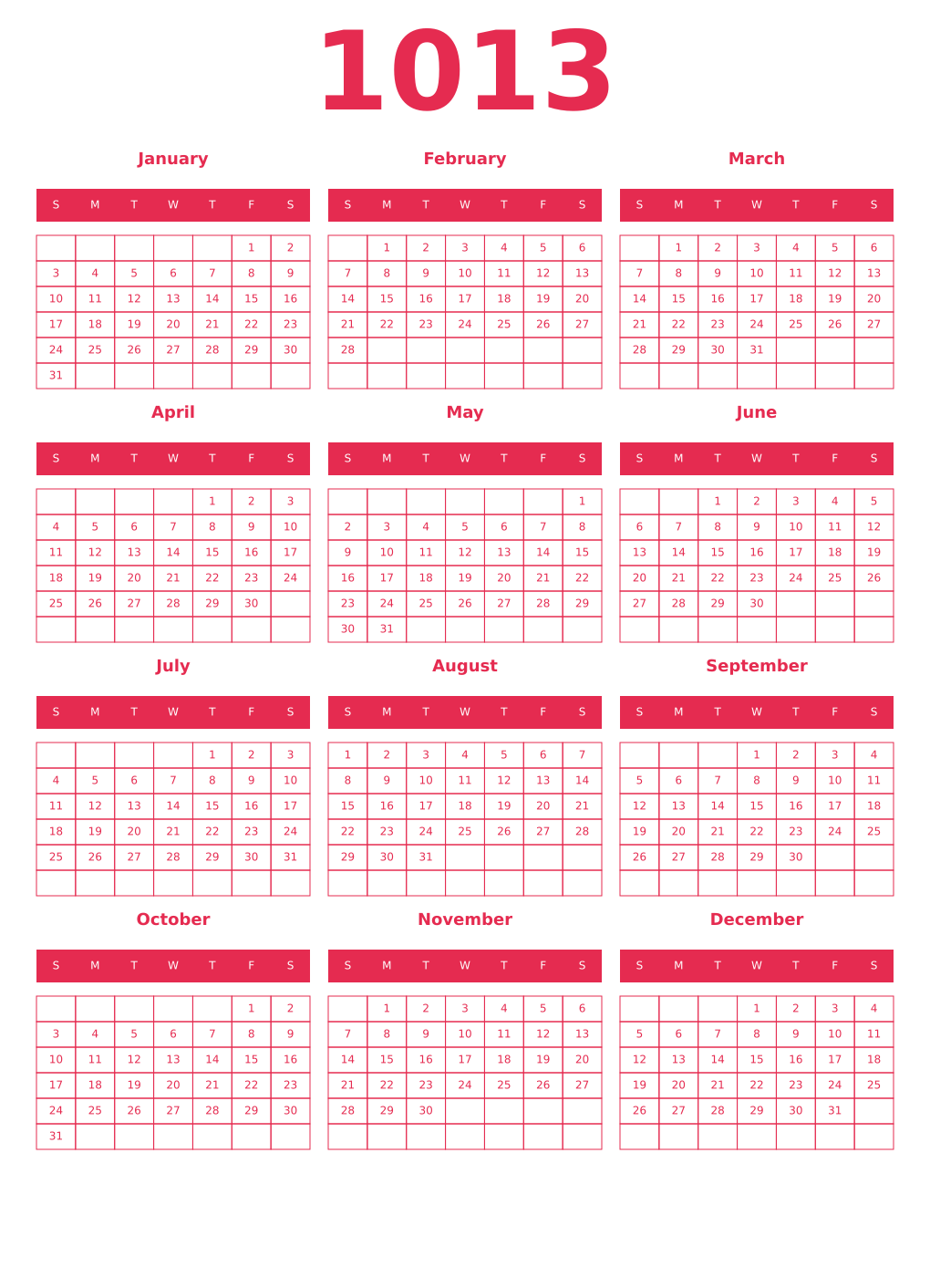 Printable 1013 Year Calendars amaranth