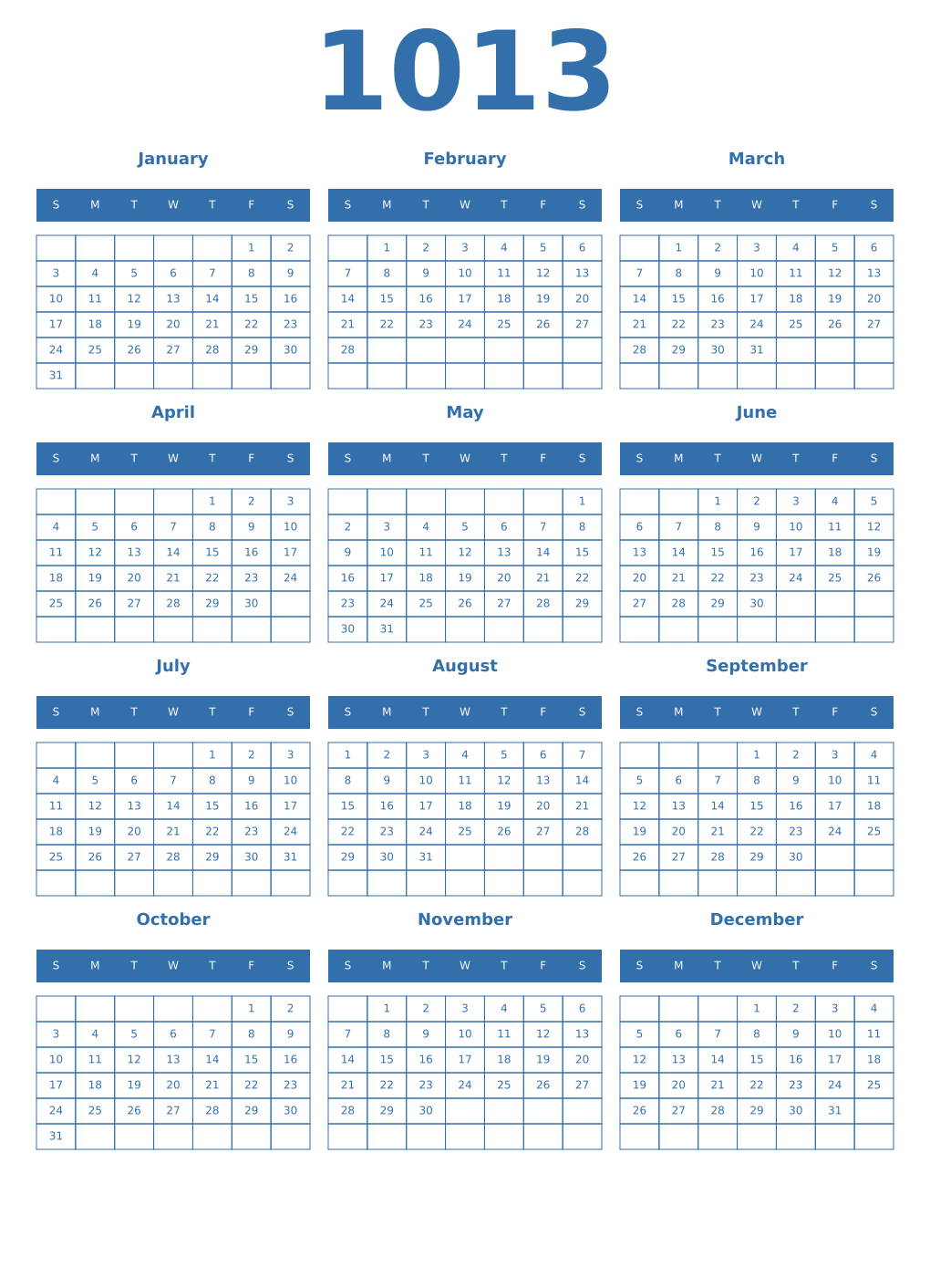 Printable 1013 Year Calendars blue